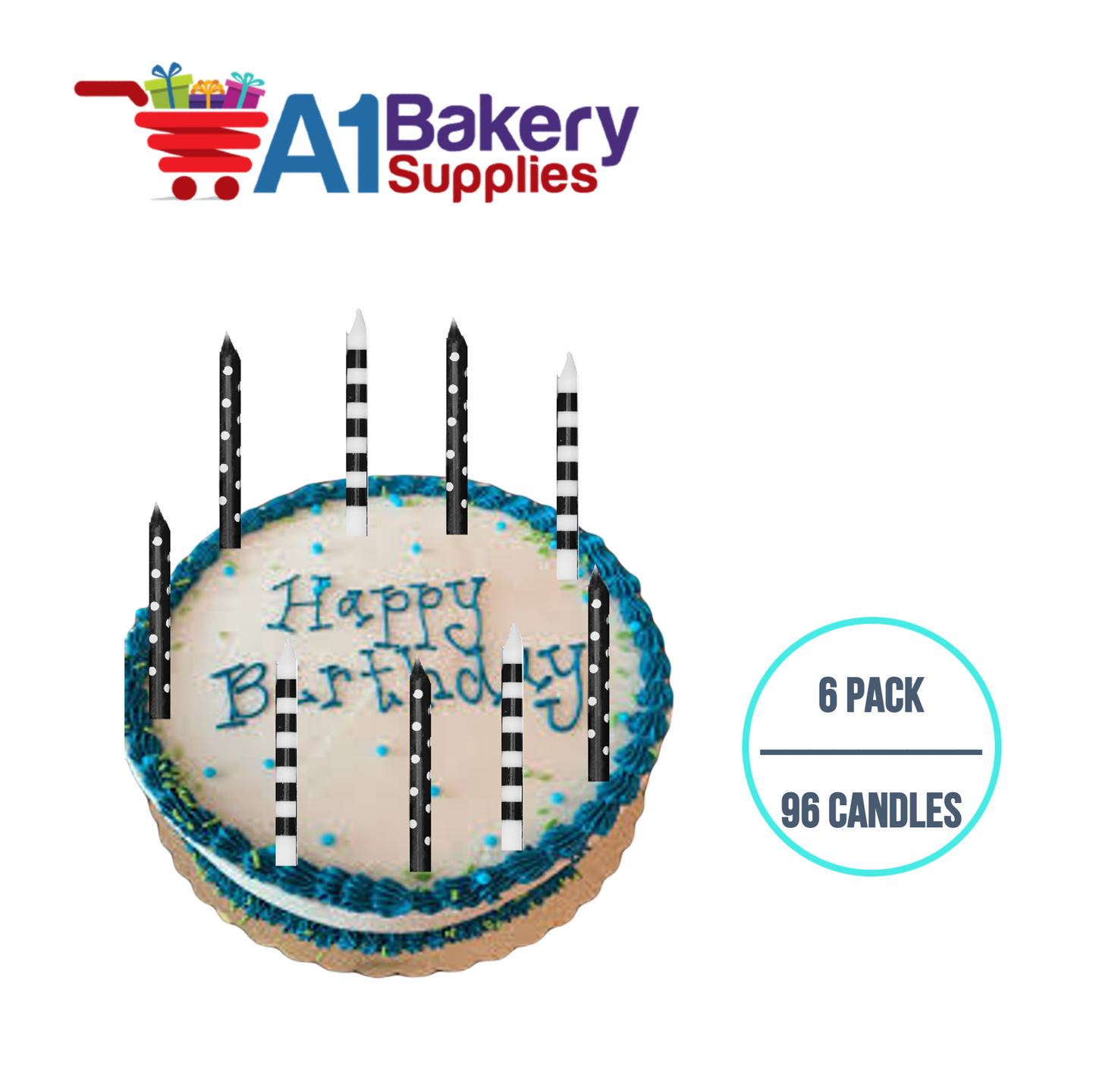 A1BakerySupplies Black And White Stripes And Dots Candles 6 pack for Birthday Cake Decorations and Anniversary