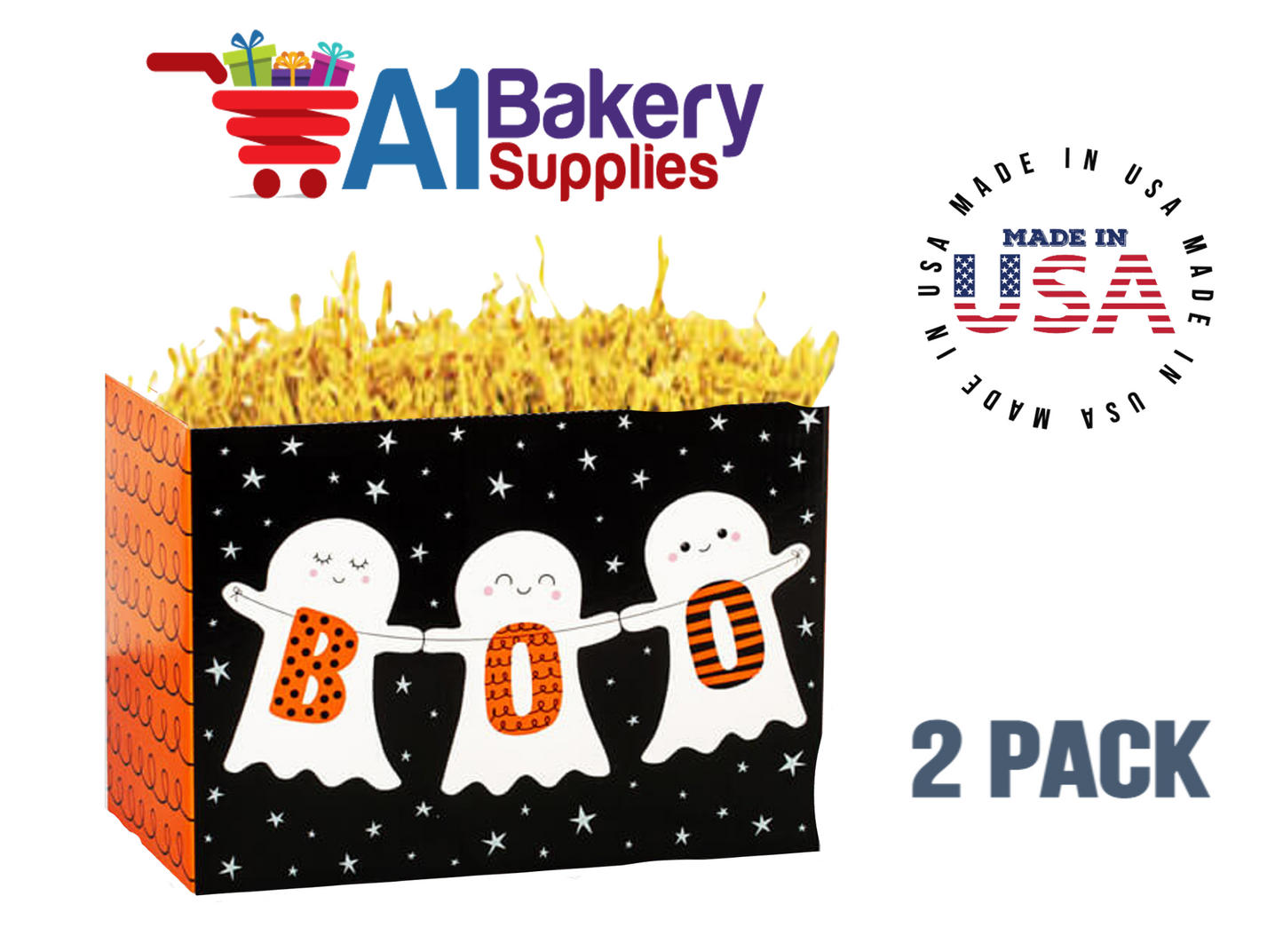 Boo Ghosts Basket Box, Theme Gift Box, Large 10.25 (Length) x 6 (Width) x 7.5 (Height), 2 Pack