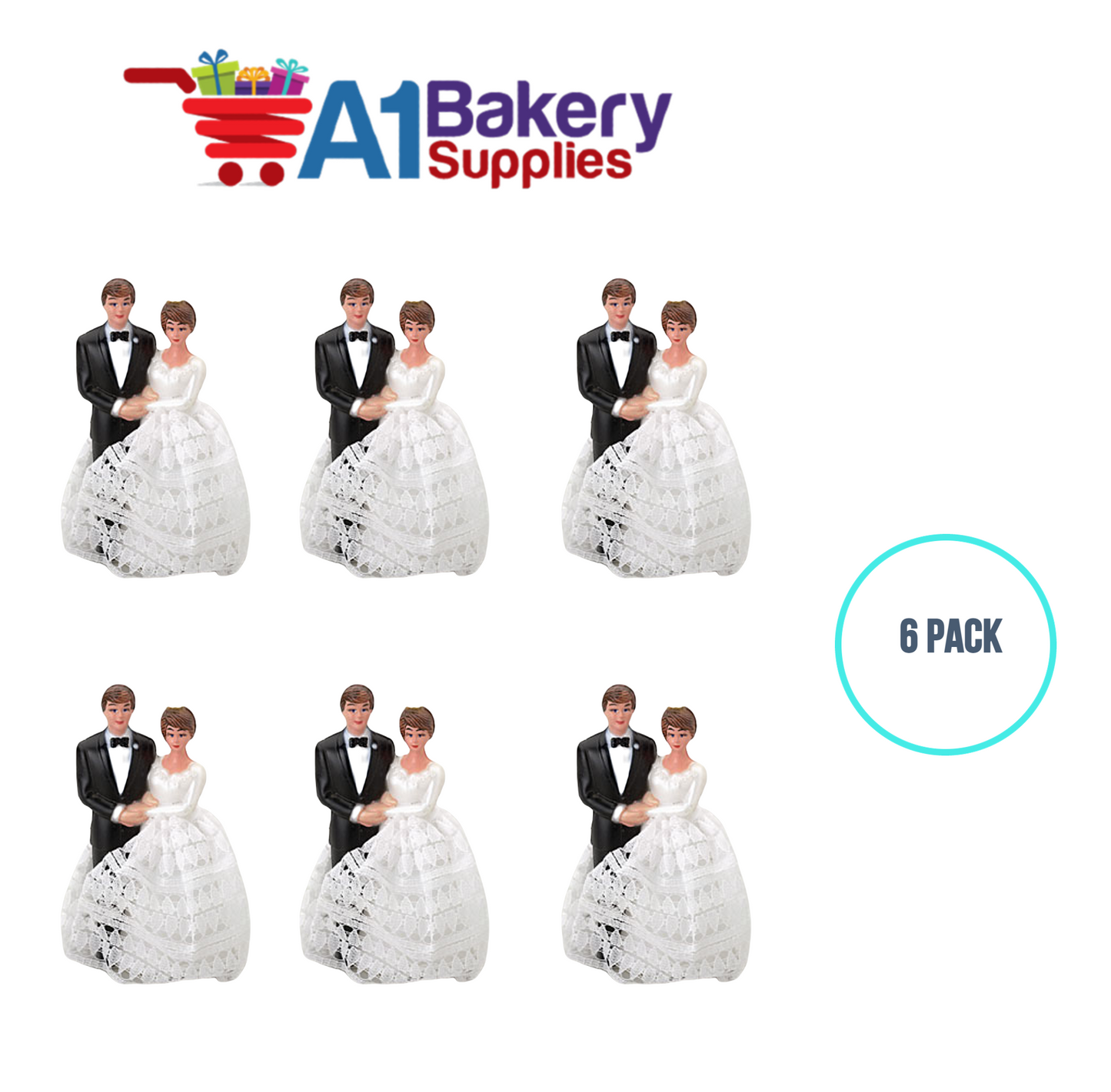 A1BakerySupplies Bride & Groom W/Lace Dress 6 pack Wedding Accessories for Birthday Cake Decorations and Marriages