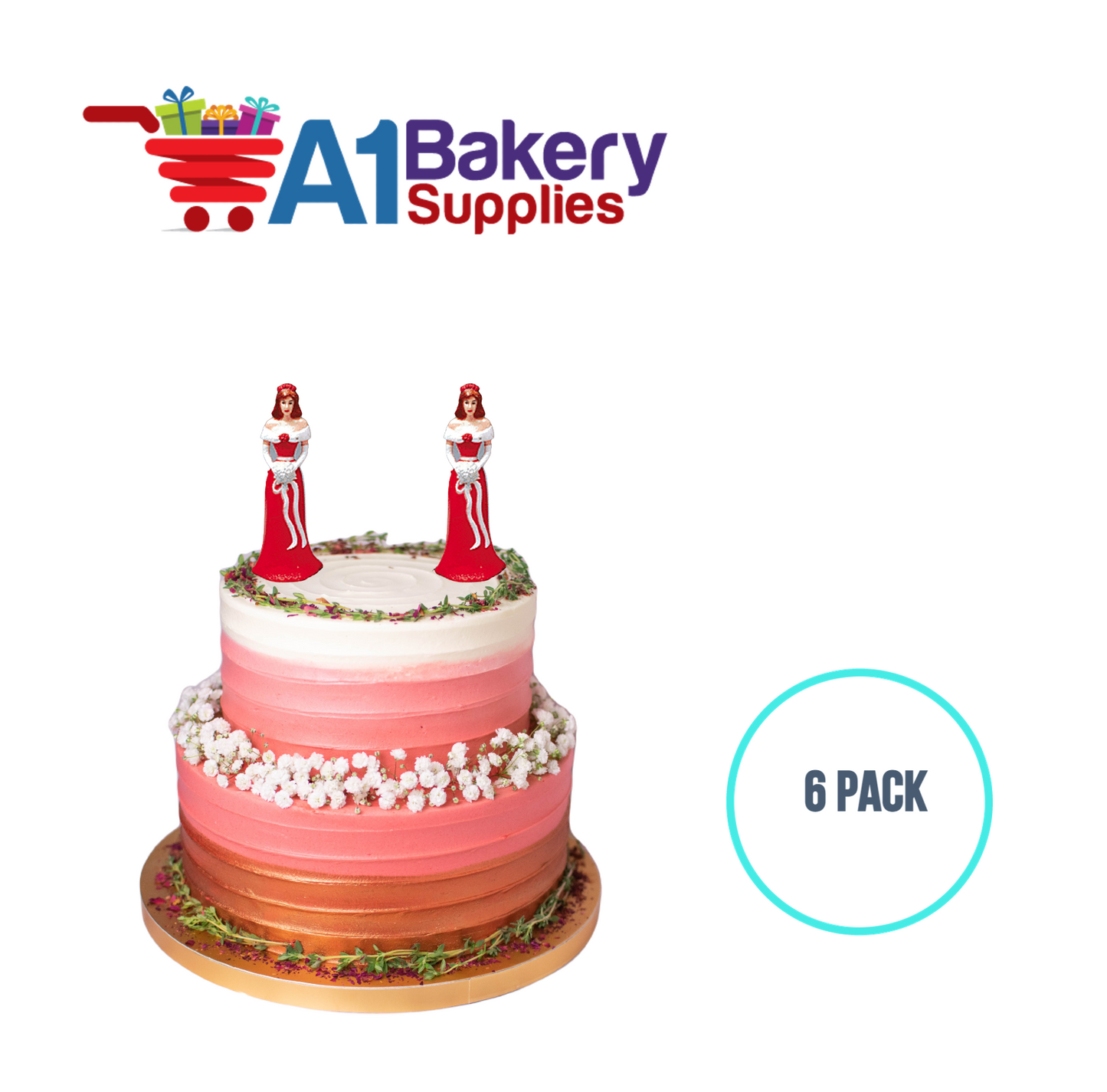 A1BakerySupplies Bridesmaid - Red 6 pack Wedding Accessories for Birthday Cake Decorations and Marriages