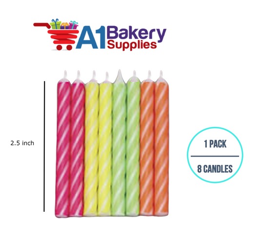 A1BakerySupplies Brite Stripe Candles- Neon Asst 1 pack for Birthday Cake Decorations and Anniversary