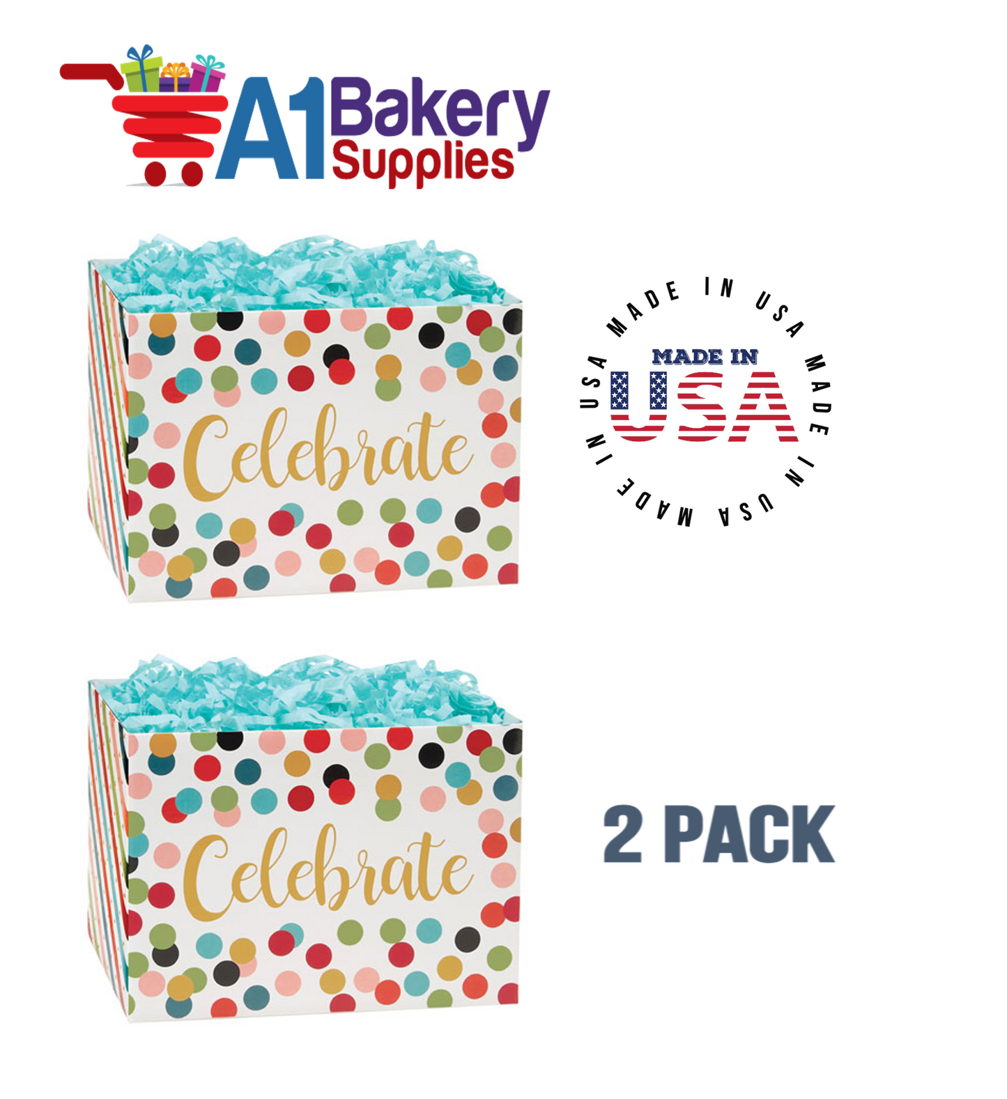 Celebrate Dots Basket Box, Theme Gift Box, Large 10.25 (Length) x 6 (Width) x 7.5 (Height), 2 Pack