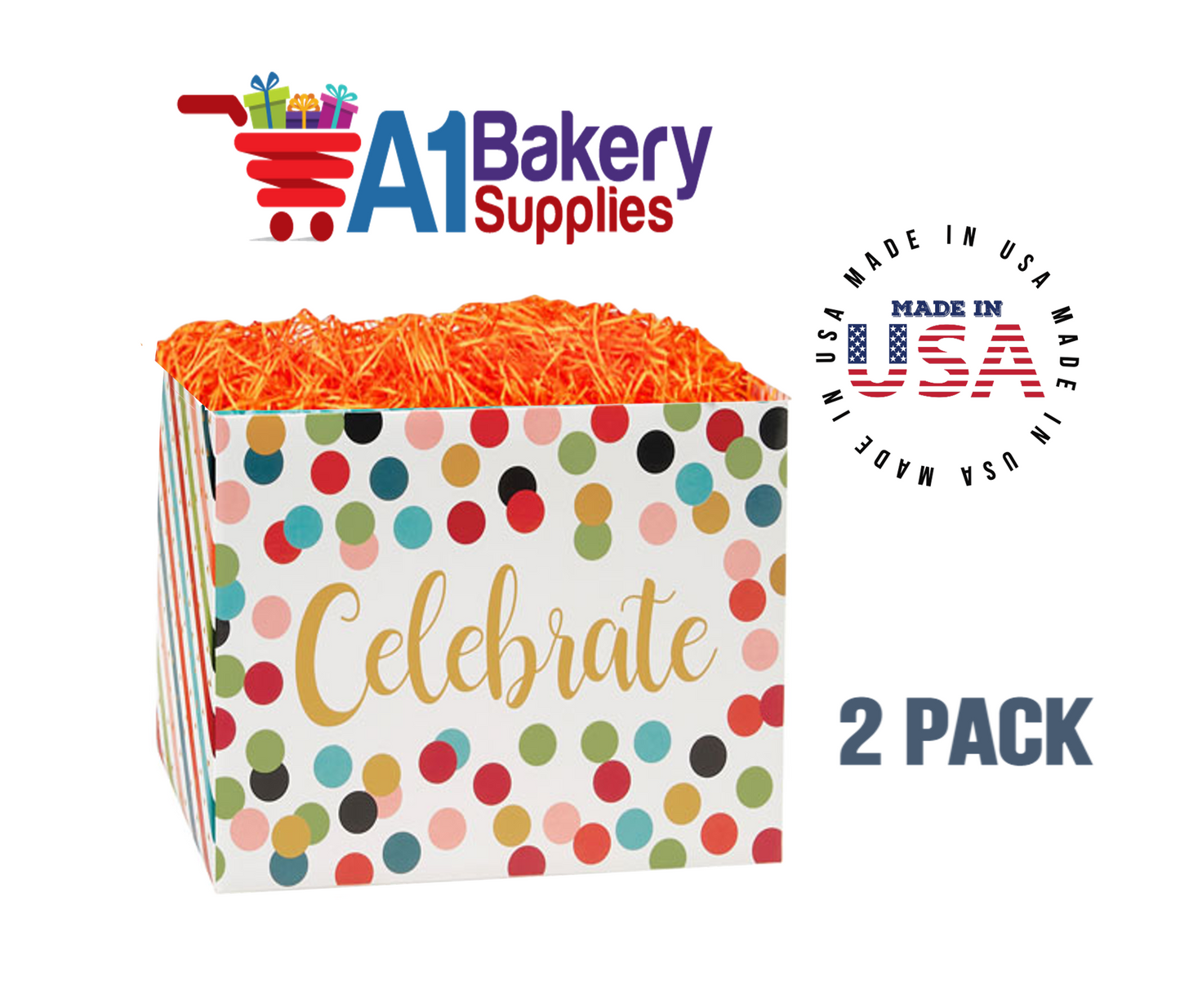 Celebrate Dots Basket Box, Theme Gift Box, Large 10.25 (Length) x 6 (Width) x 7.5 (Height), 2 Pack