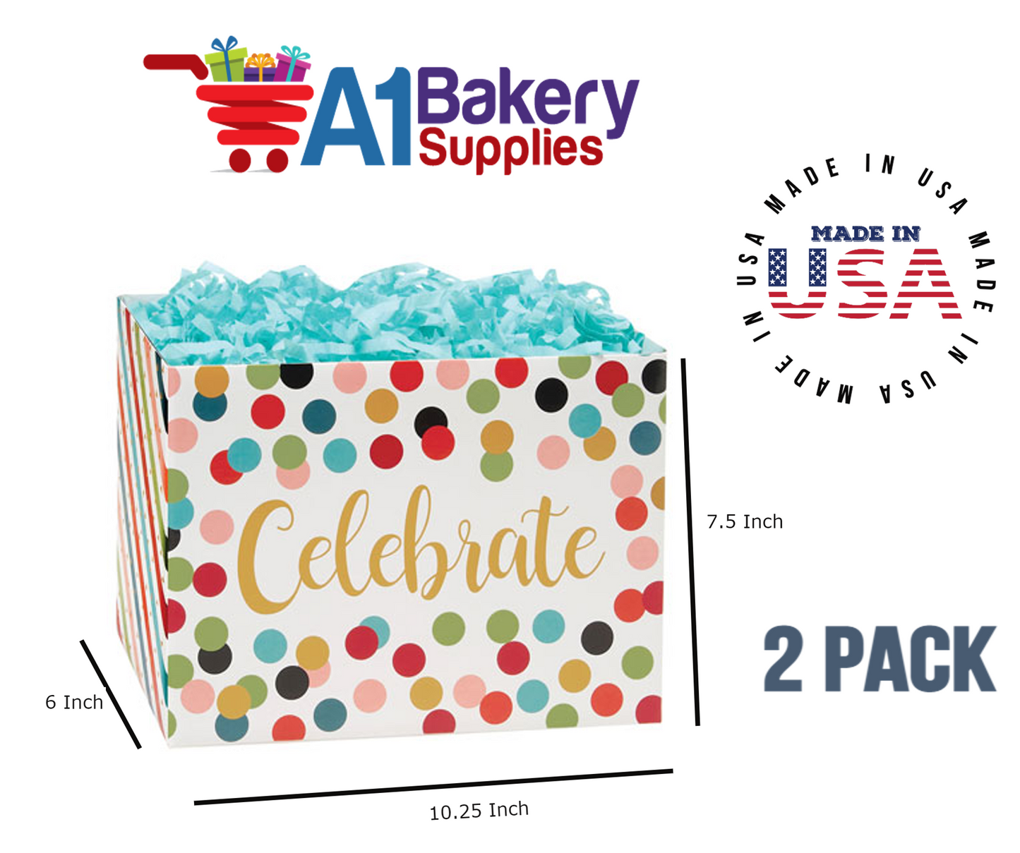 Celebrate Dots Basket Box, Theme Gift Box, Large 10.25 (Length) x 6 (Width) x 7.5 (Height), 2 Pack