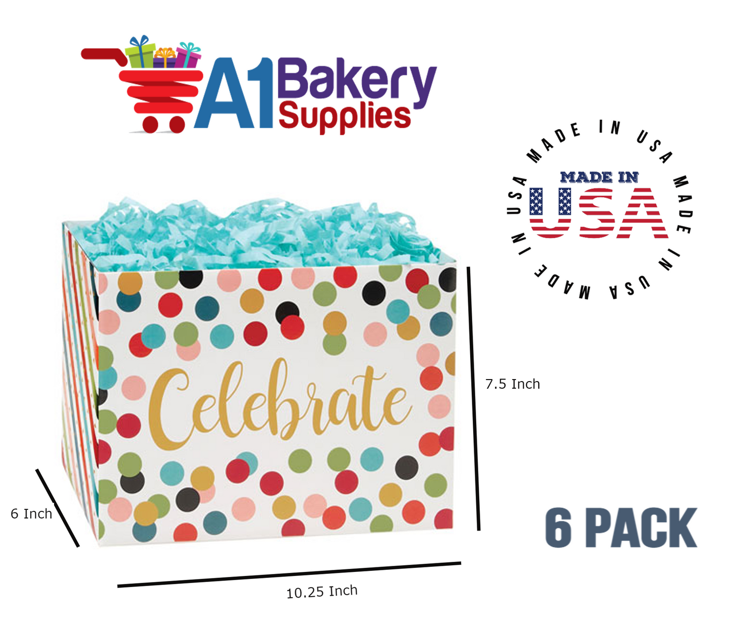Celebrate Dots Basket Box, Theme Gift Box, Large 10.25 (Length) x 6 (Width) x 7.5 (Height), 6 Pack
