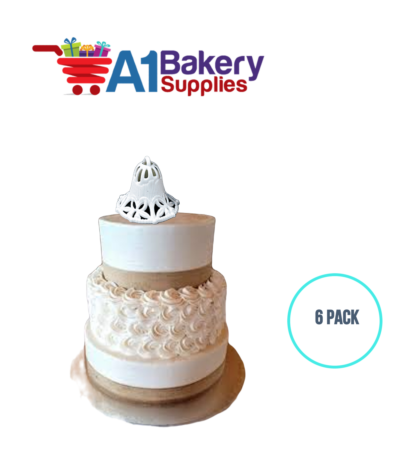 A1BakerySupplies Filigree Bell - White 6 pack Wedding Accessories for Birthday Cake Decorations and Marriages