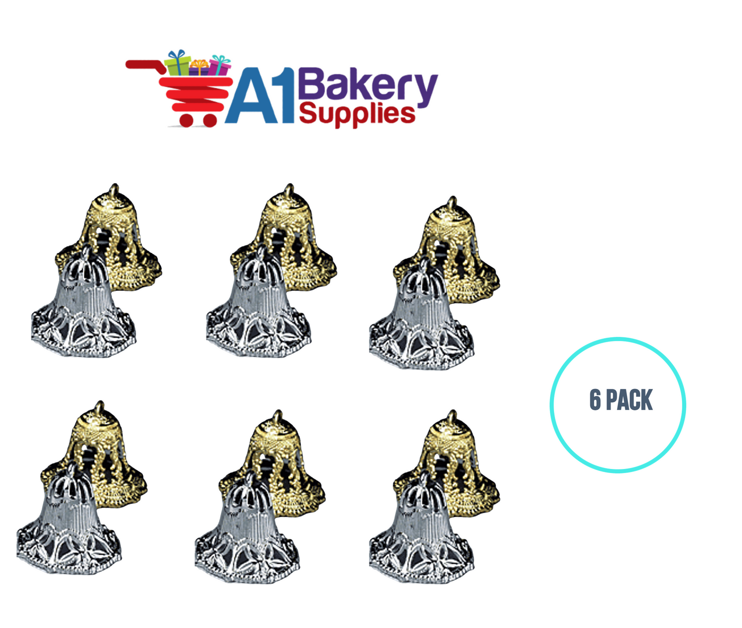 A1BakerySupplies Filigree Lace Bells - Silver 6 pack Wedding Accessories for Birthday Cake Decorations and Marriages