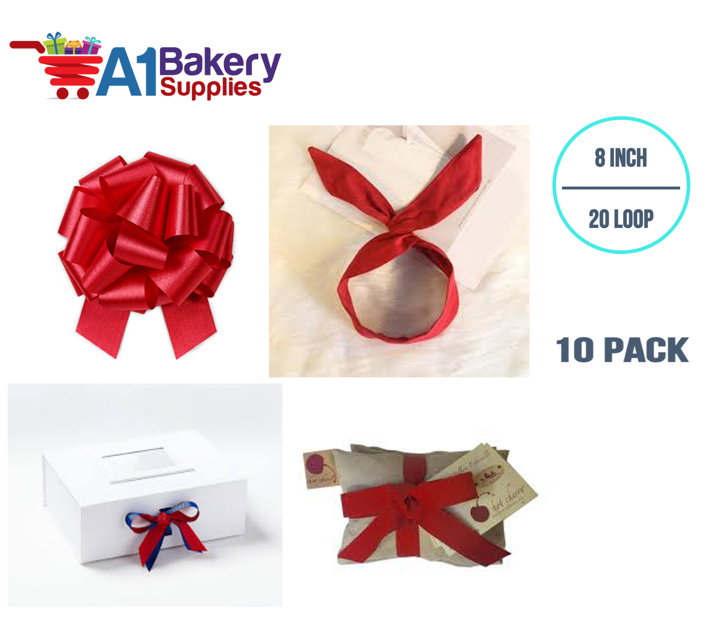 A1BakerySupplies 10 Pieces Pull Bow for Gift Wrapping Gift Bows Pull Bow With Ribbon for Wedding Gift Baskets, 8 Inch 20 Loop in Hot Red Flora Satin Color