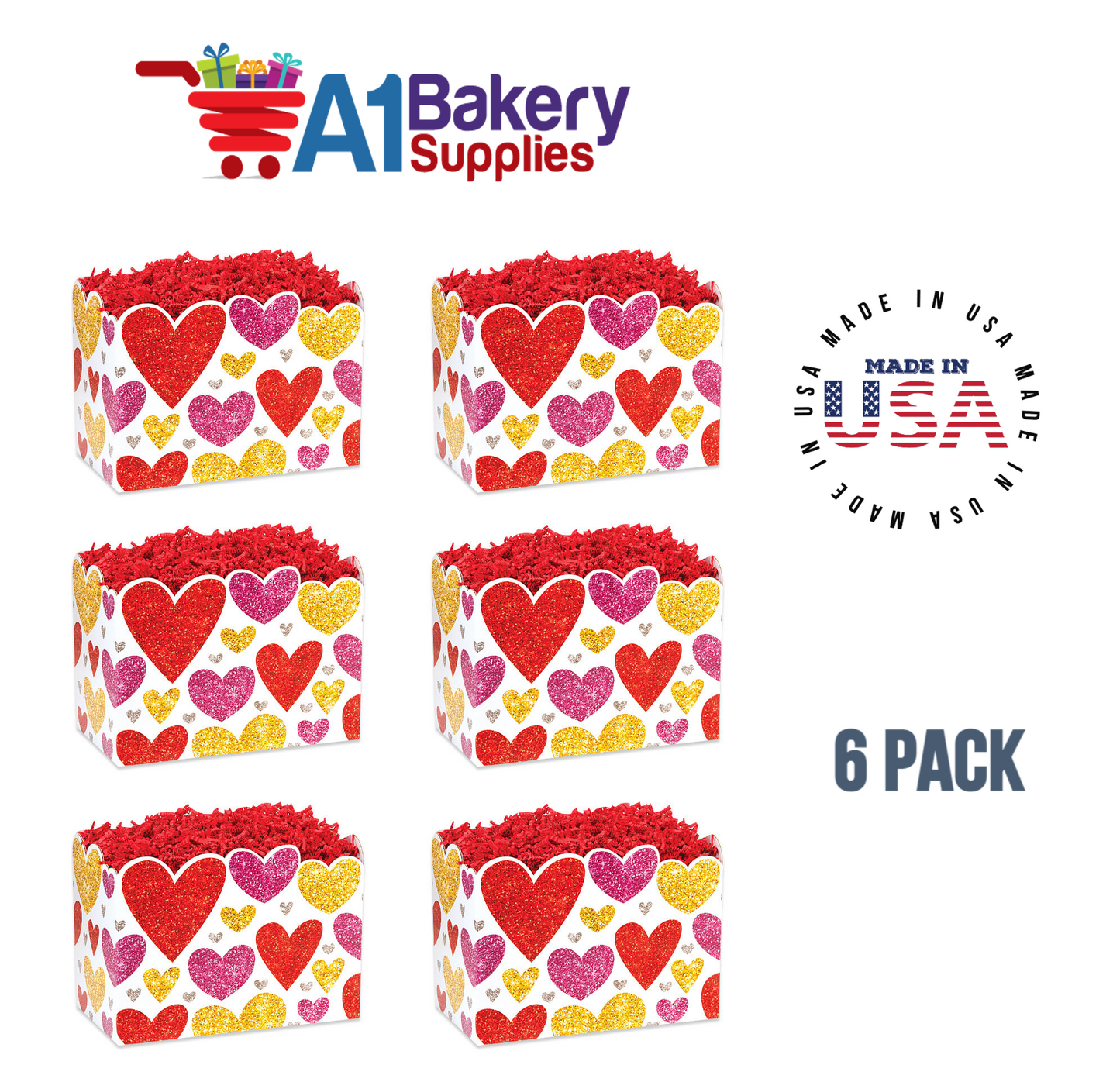 Glittering Hearts Basket Box, Theme Gift Box, Large 10.25 (Length) x 6 (Width) x 7.5 (Height), 6 Pack