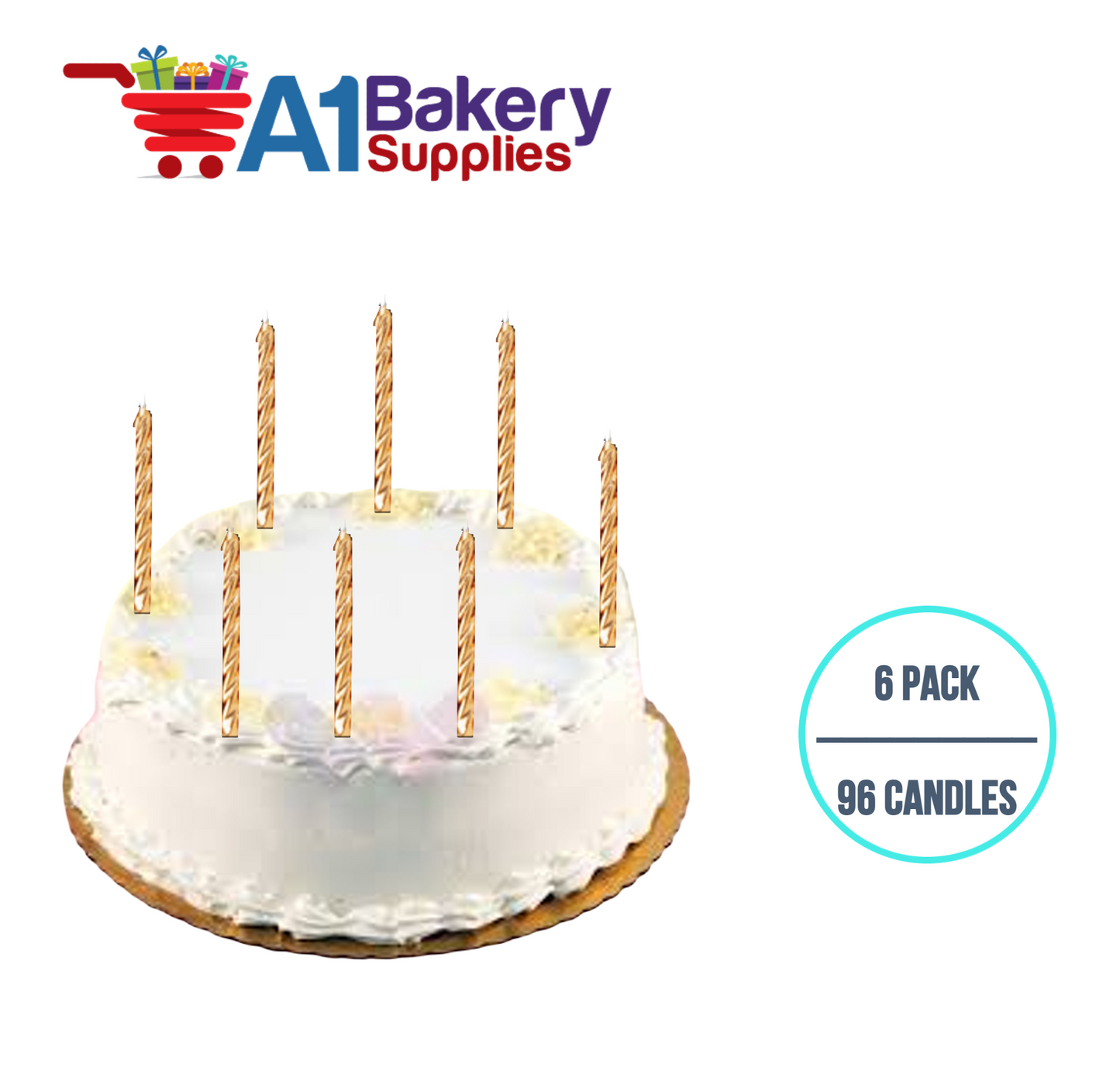 A1BakerySupplies Gold Spiral Candles 6 pack for Birthday Cake Decorations and Anniversary