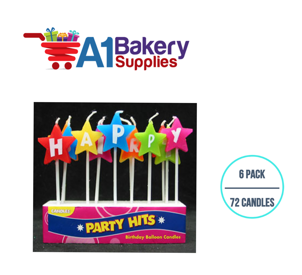 A1BakerySupplies Happy Birthday Star Letter Candles 6 pack for Birthday Cake Decorations and Anniversary