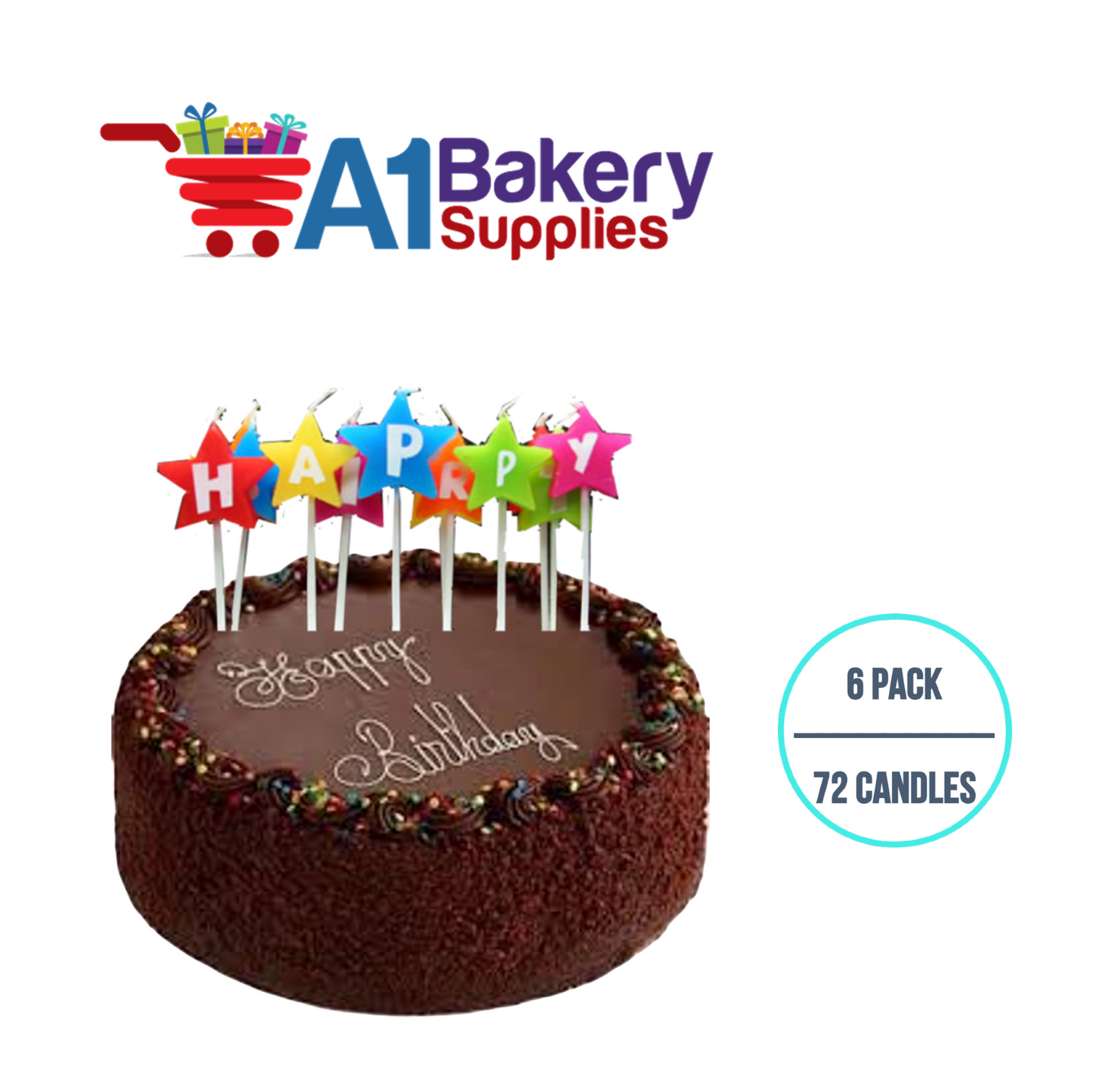 A1BakerySupplies Happy Birthday Star Letter Candles 6 pack for Birthday Cake Decorations and Anniversary