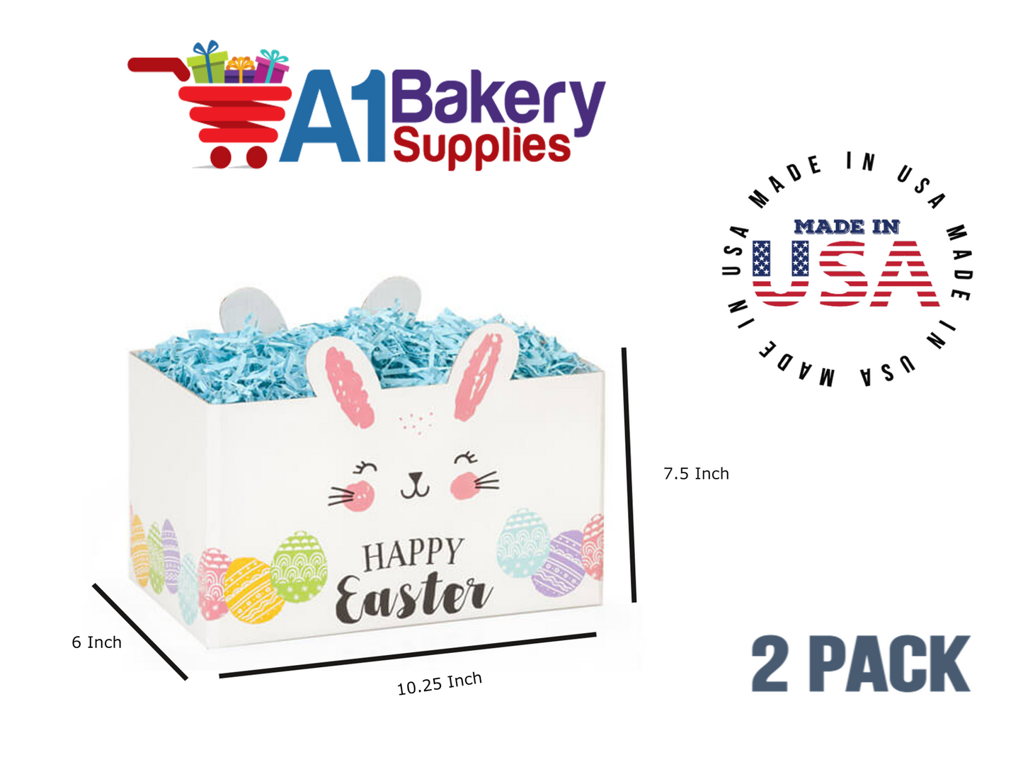 Happy Easter Bunny Basket Box, Theme Gift Box, Large 10.25 (Length) x 6 (Width) x 7.5 (Height), 2 Pack