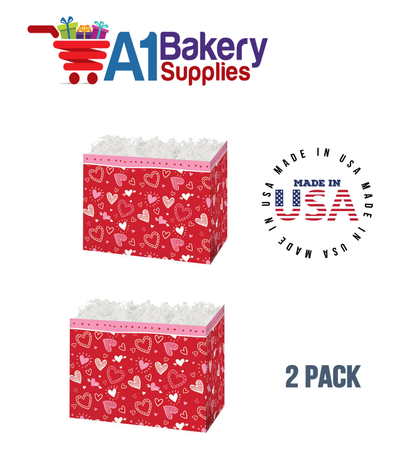 Happy Hearts Basket Box, Theme Gift Box, Small 6.75 (Length) x 4 (Width) x 5 (Height), 2 Pack