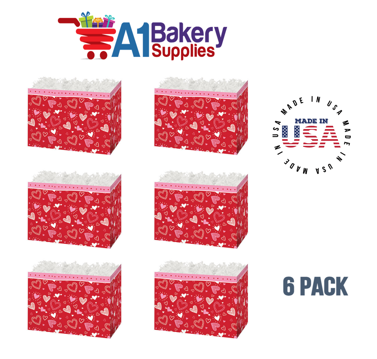 Happy Hearts Basket Box, Theme Gift Box, Large 10.25 (Length) x 6 (Width) x 7.5 (Height), 6 Pack