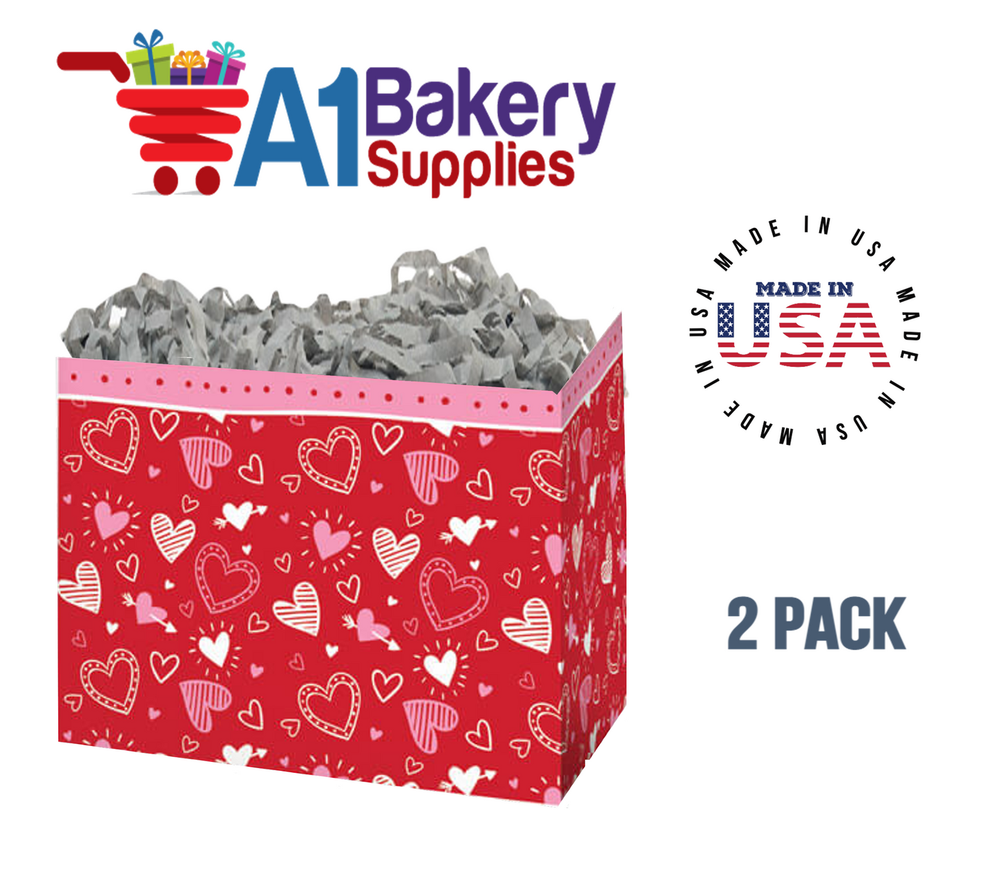 Happy Hearts Basket Box, Theme Gift Box, Small 6.75 (Length) x 4 (Width) x 5 (Height), 2 Pack