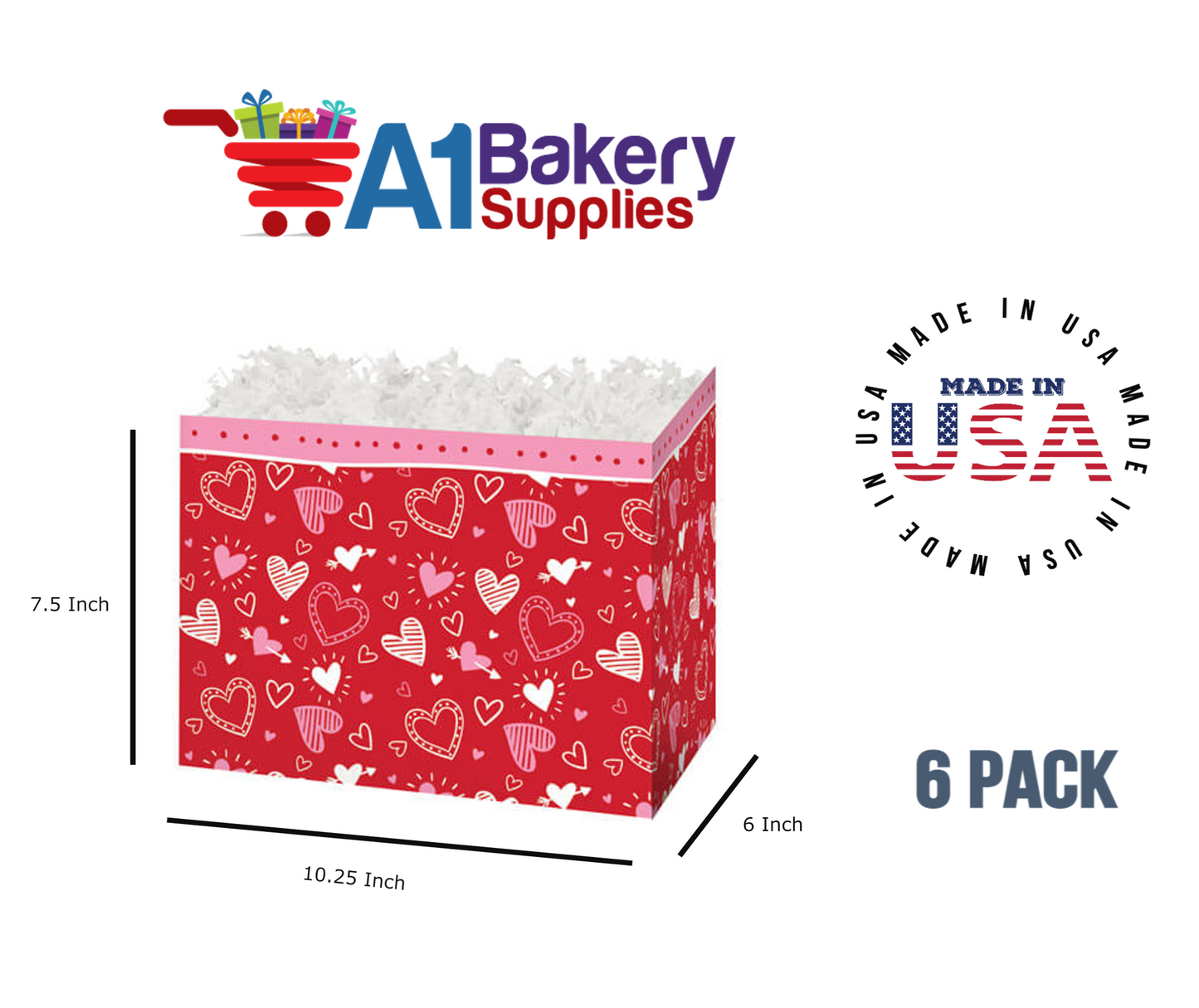 Happy Hearts Basket Box, Theme Gift Box, Large 10.25 (Length) x 6 (Width) x 7.5 (Height), 6 Pack
