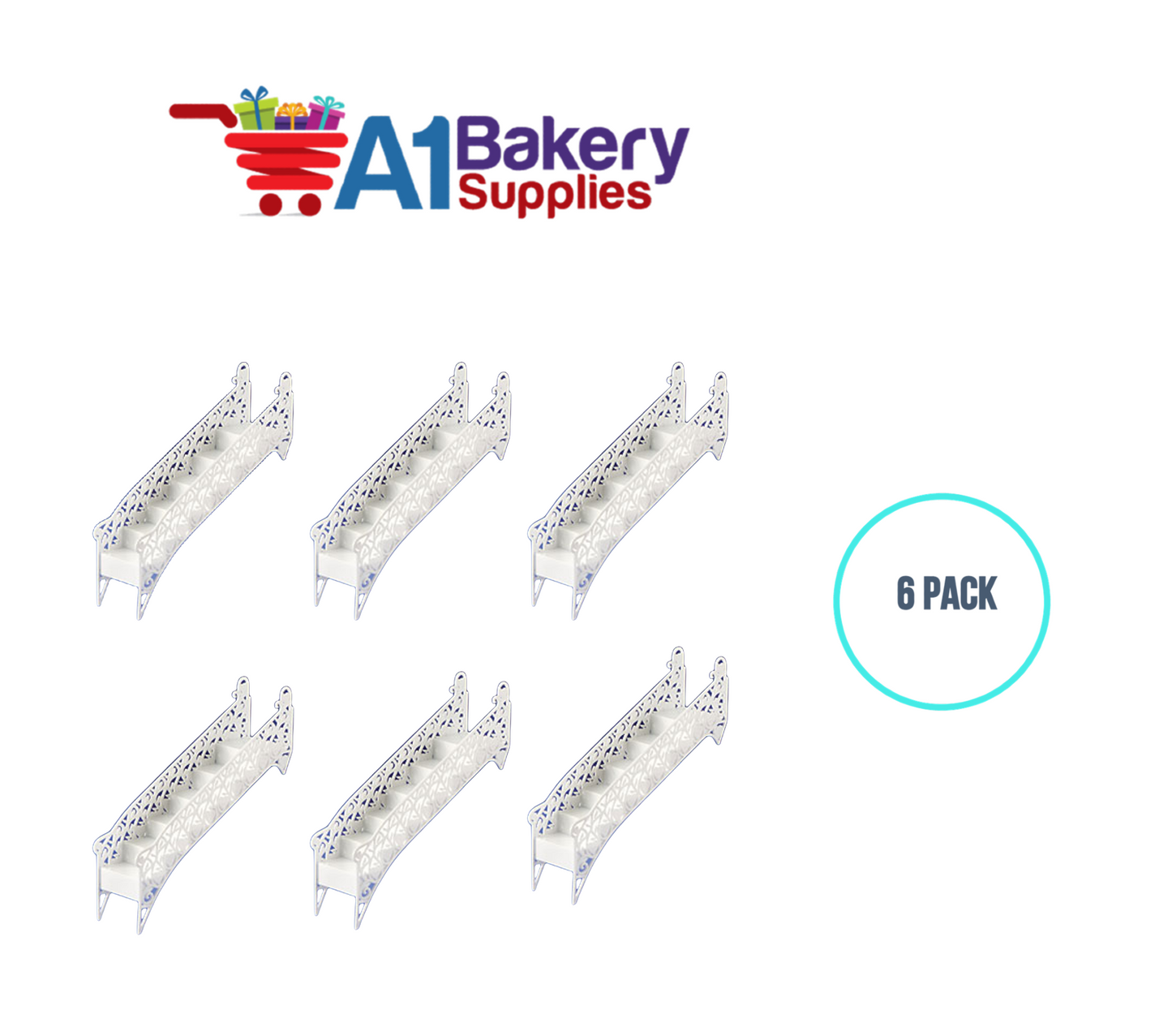 A1BakerySupplies Heart Stairway - 6 Steps - White 6 pack Wedding Accessories for Birthday Cake Decorations and Marriages