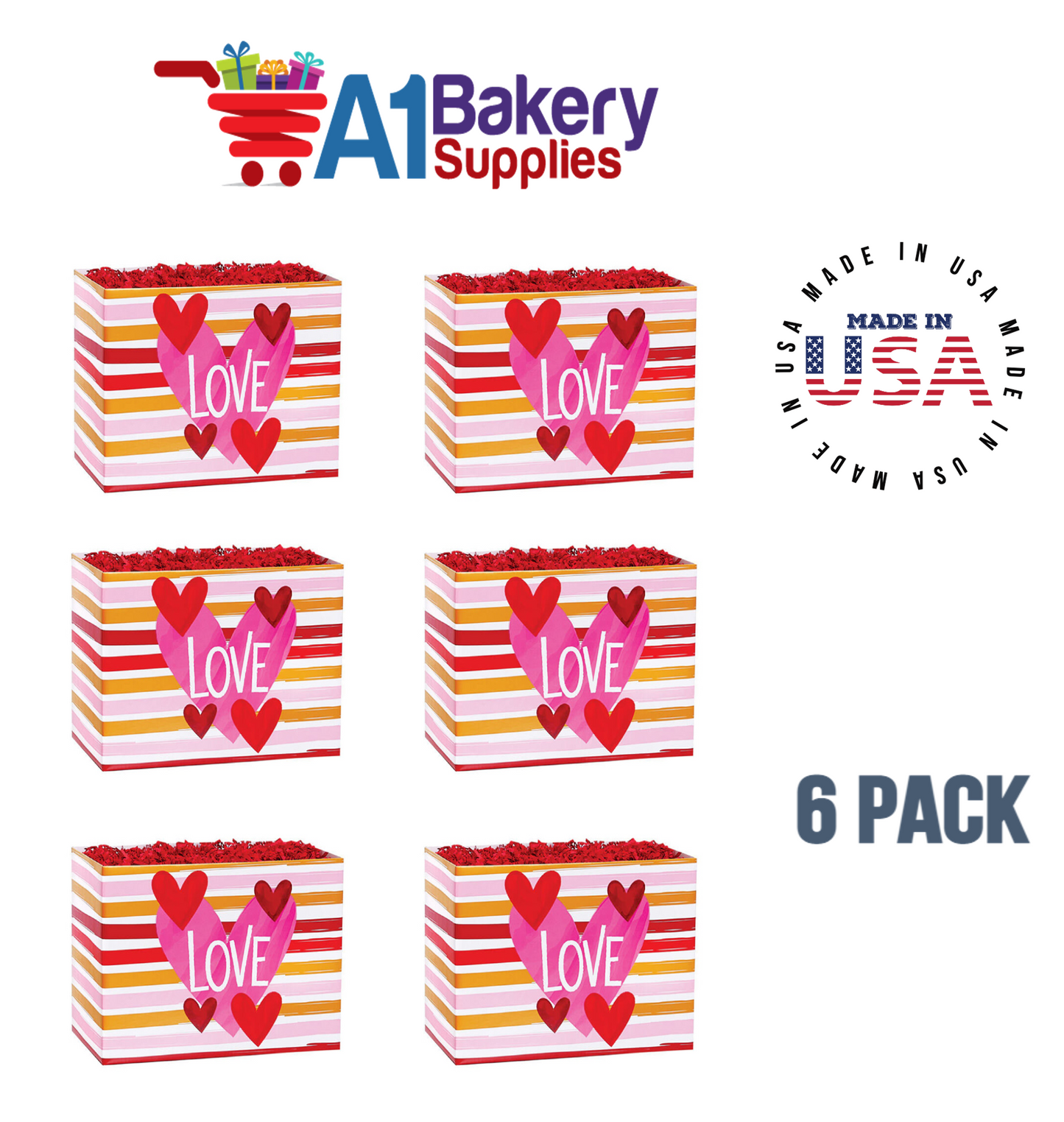 Hello Love Basket Box, Theme Gift Box, Large 10.25 (Length) x 6 (Width) x 7.5 (Height), 6 Pack