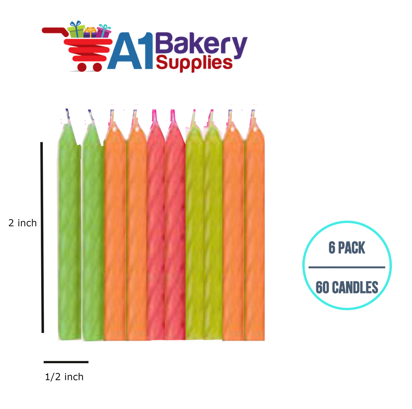 A1BakerySupplies Magic Relight Candles- Neon Asst 6 pack for Birthday Cake Decorations and Anniversary