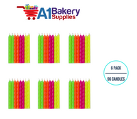 A1BakerySupplies Neon Candles 6 pack for Birthday Cake Decorations and Anniversary