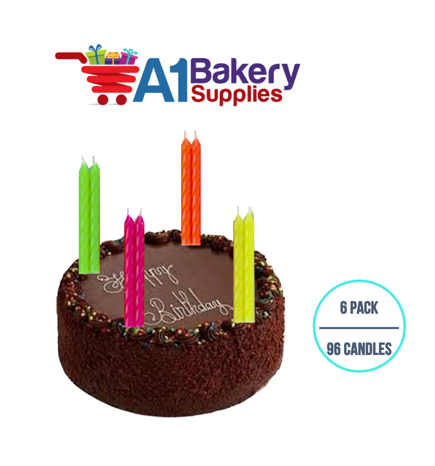 A1BakerySupplies Neon Candles 6 pack for Birthday Cake Decorations and Anniversary