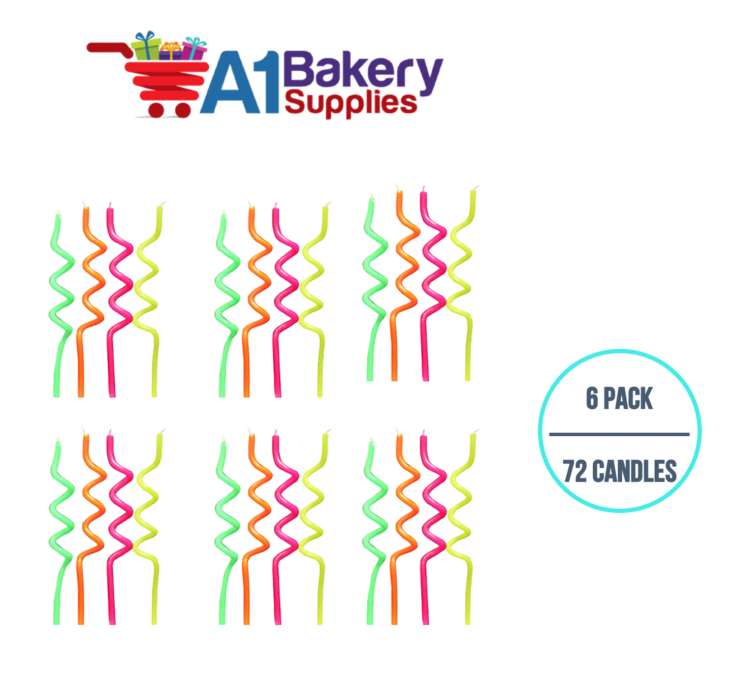 A1BakerySupplies Neon Spaghetti Birthday Candles-Asst 6 pack for Birthday Cake Decorations and Anniversary