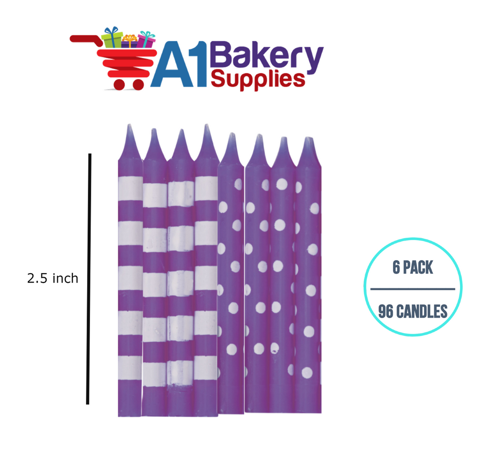 A1BakerySupplies Purple Stripes And Dots Candles 6 pack for Birthday Cake Decorations and Anniversary