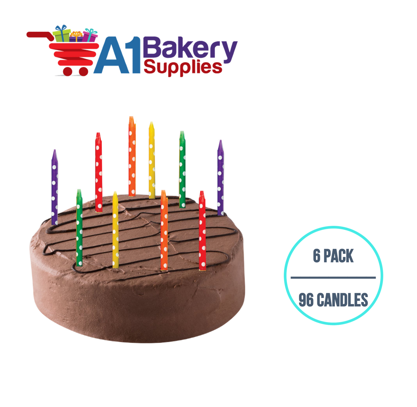 A1BakerySupplies Rainbow Dots Asst. Candles 6 pack for Birthday Cake Decorations and Anniversary