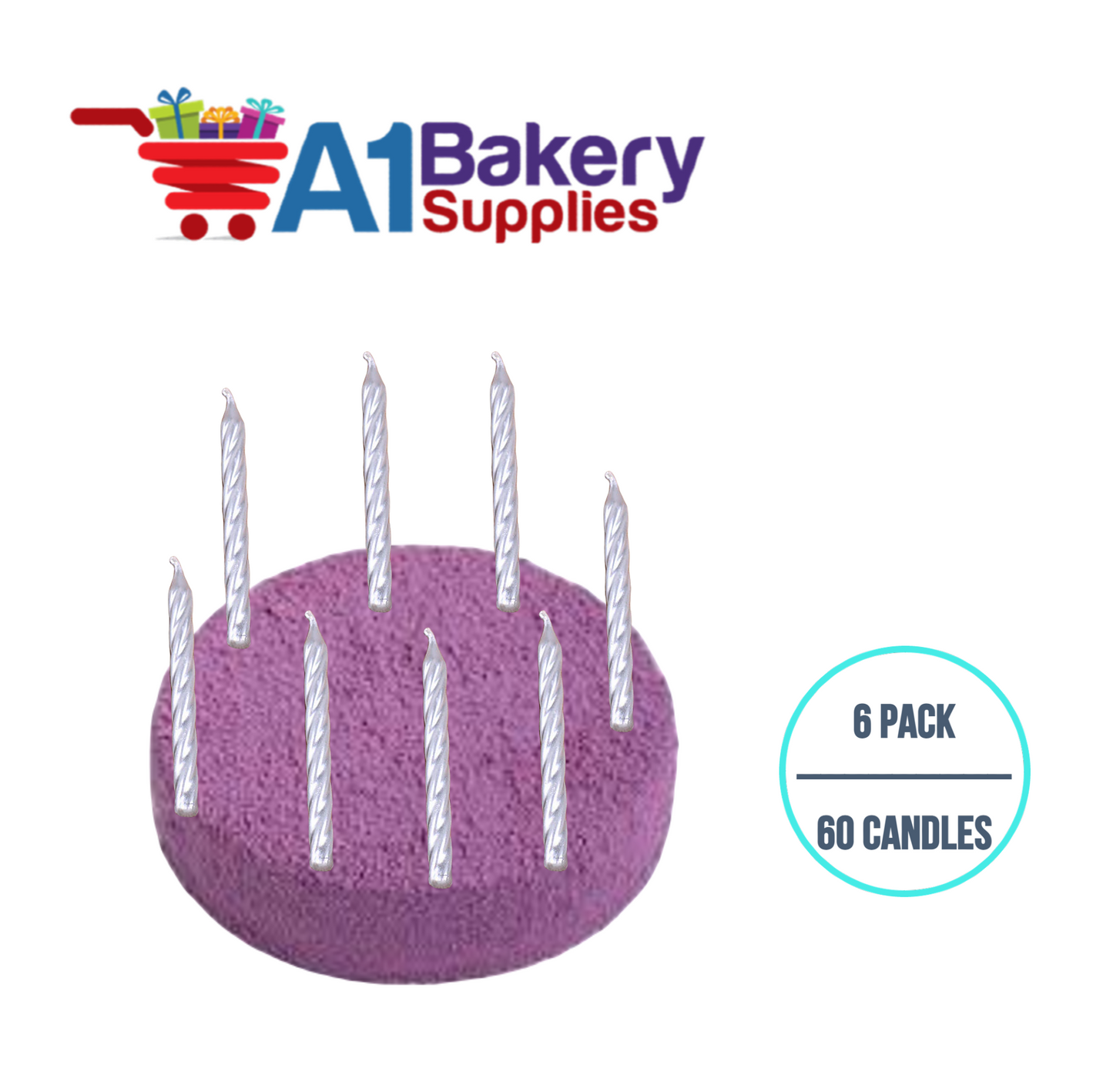 A1BakerySupplies Silver Birthday Candles 6 pack for Birthday Cake Decorations and Anniversary