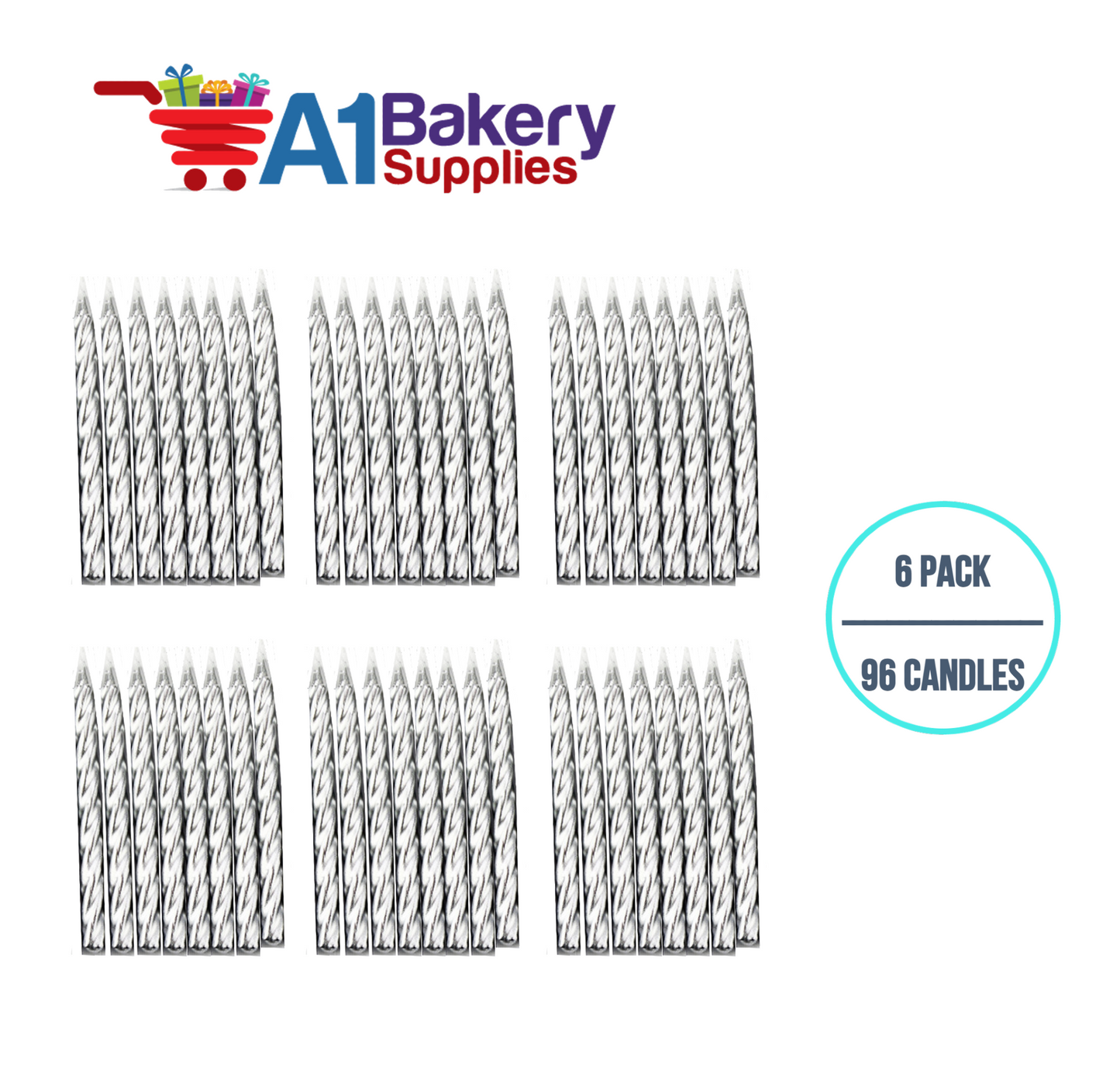 A1BakerySupplies Silver Spiral Candles 6 pack for Birthday Cake Decorations and Anniversary