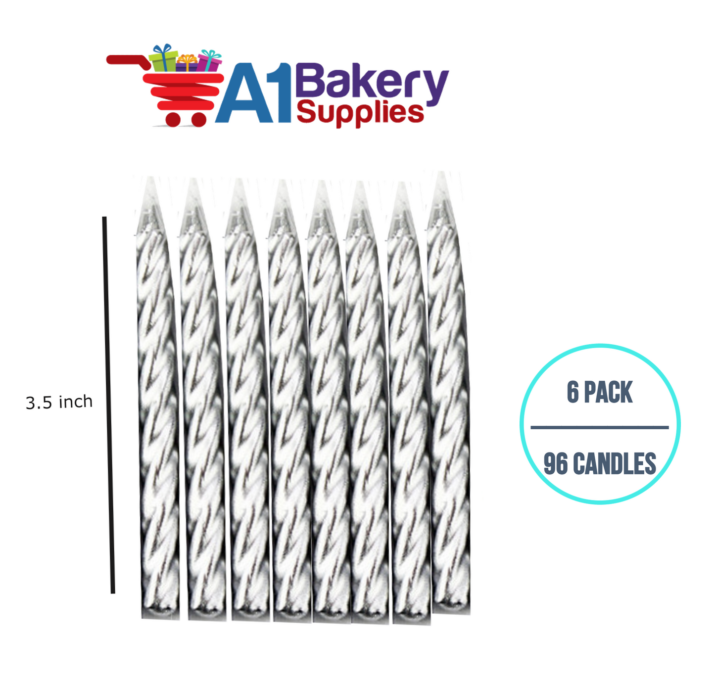 A1BakerySupplies Silver Spiral Candles 6 pack for Birthday Cake Decorations and Anniversary