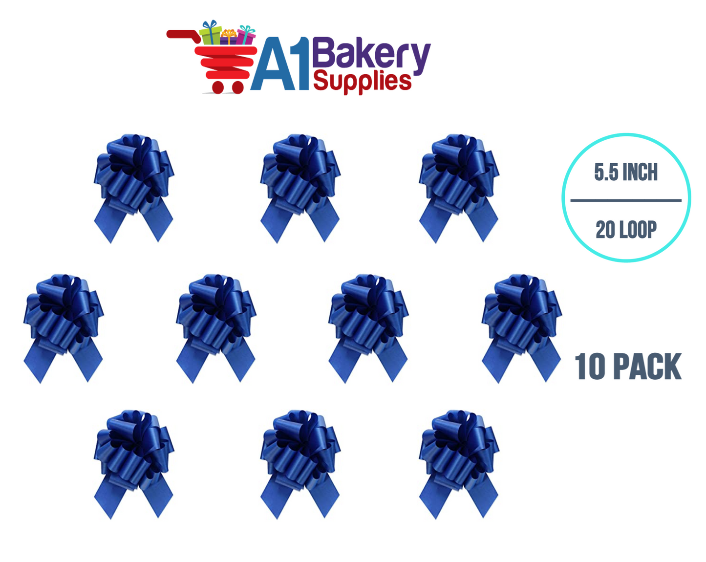 A1BakerySupplies 10 Pieces Pull Bow for Gift Wrapping Gift Bows Pull Bow With Ribbon for Wedding Gift Baskets, 5.5 Inch 20 Loop in Royal Blue Color