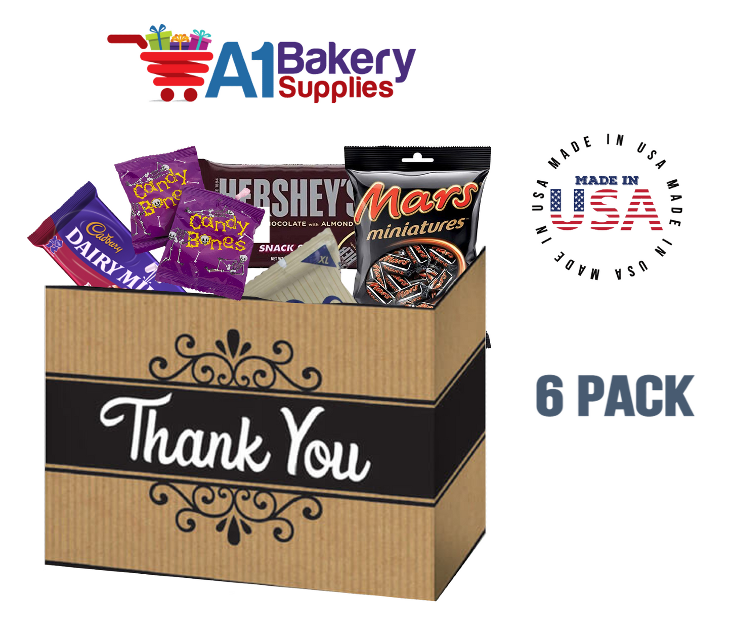 Thank You Kraft Stripes Basket Box, Theme Gift Box, Large 10.25 (Length) x 6 (Width) x 7.5 (Height), 6 Pack