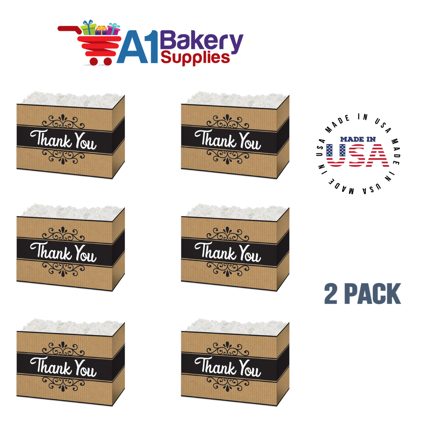 Thank You Kraft Stripes Basket Box, Theme Gift Box, Large 10.25 (Length) x 6 (Width) x 7.5 (Height), 6 Pack