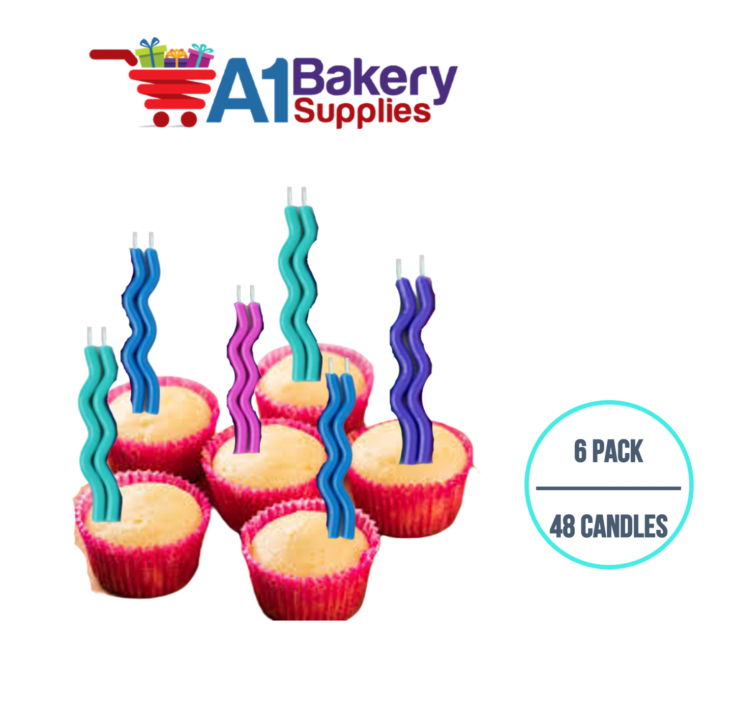 A1BakerySupplies Wavy Birthday Candles-Cool Pastels 6 pack for Birthday Cake Decorations and Anniversary