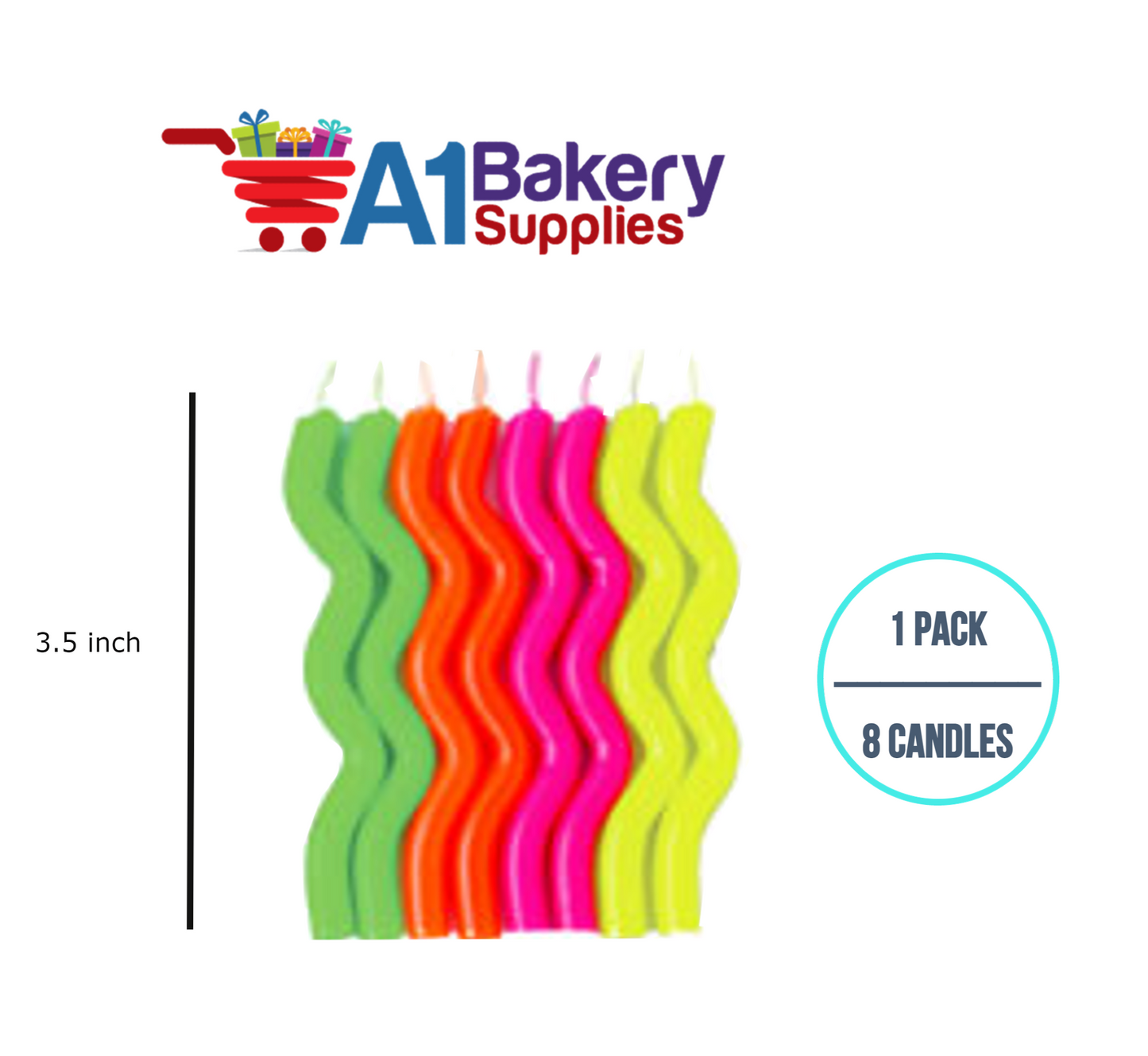 A1BakerySupplies Wavy Birthday Candles- Neon Asst 1 pack for Birthday Cake Decorations and Anniversary