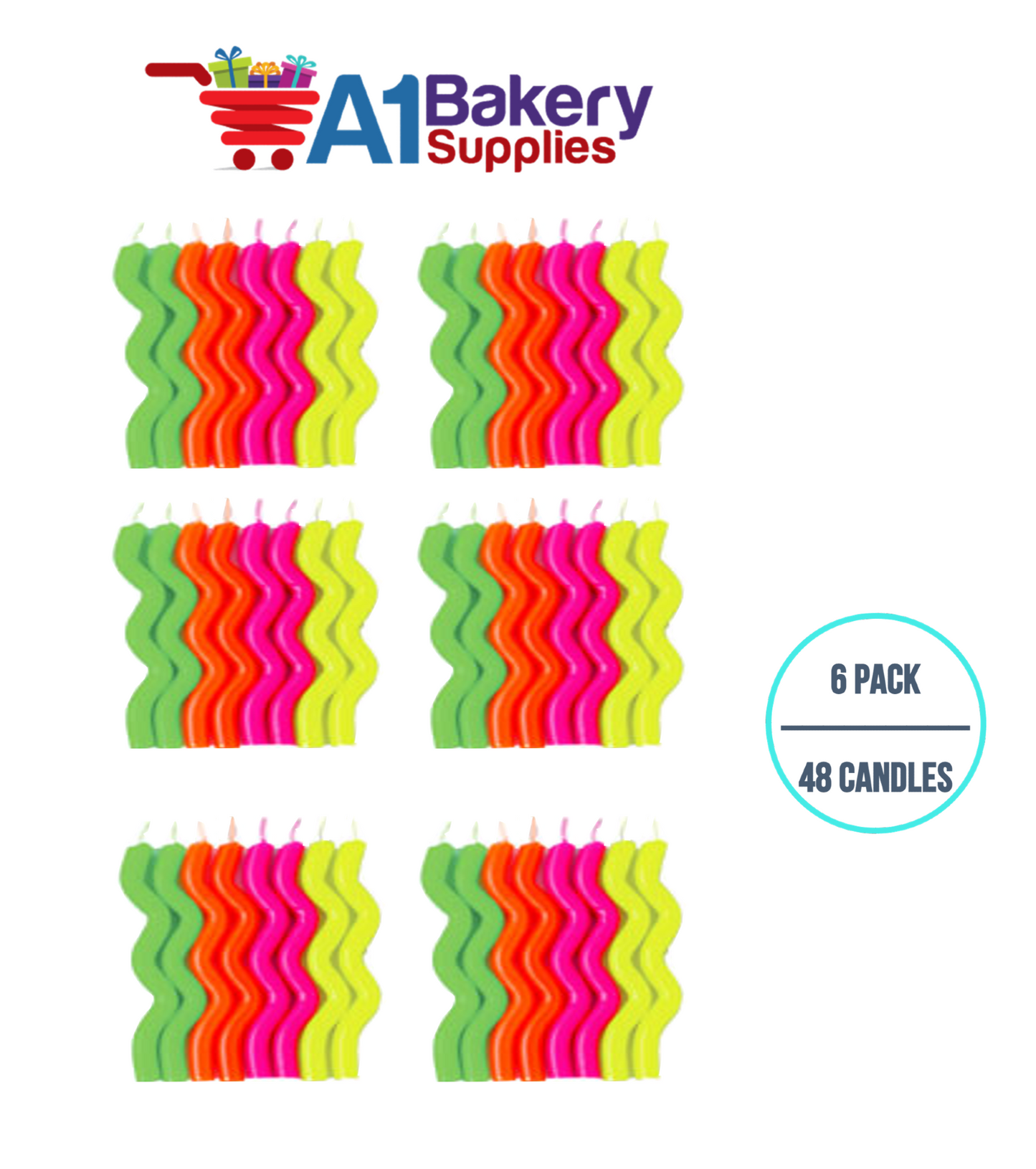 A1BakerySupplies Wavy Birthday Candles- Neon Asst 6 pack for Birthday Cake Decorations and Anniversary