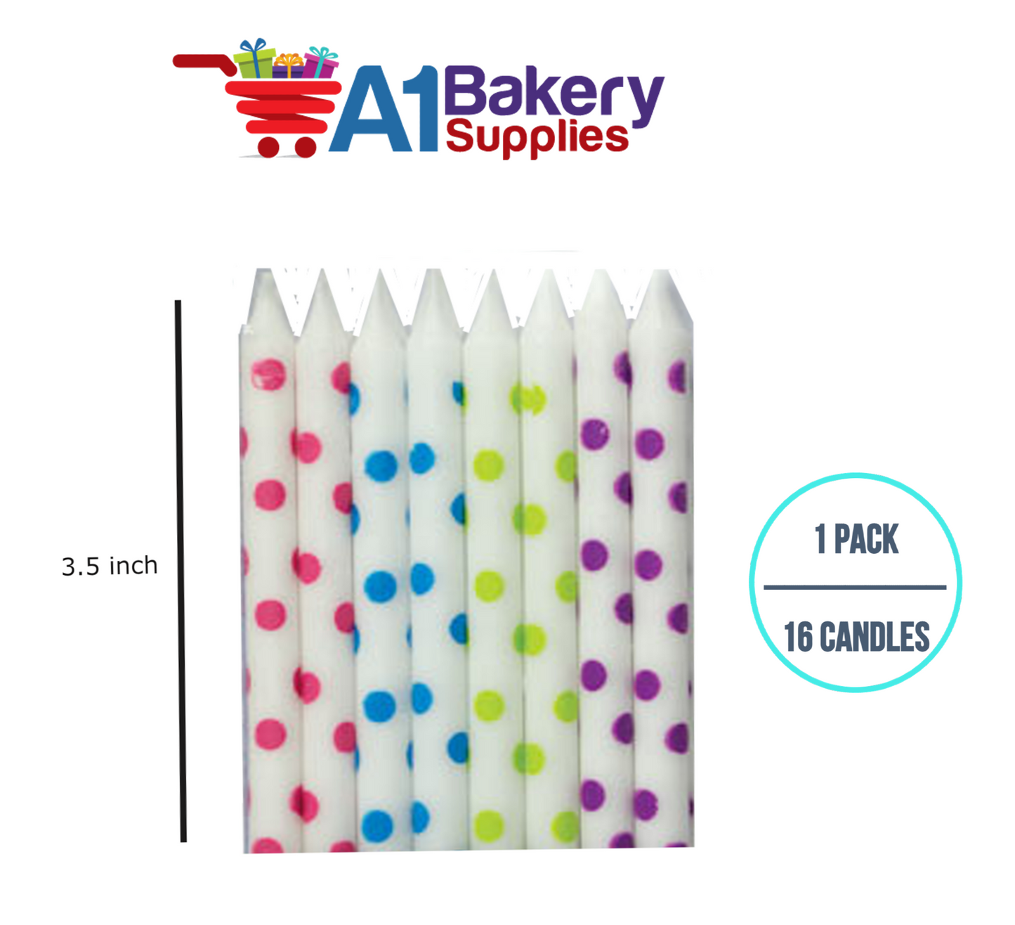 A1BakerySupplies White Dots Asst. Candles 1 pack for Birthday Cake Decorations and Anniversary