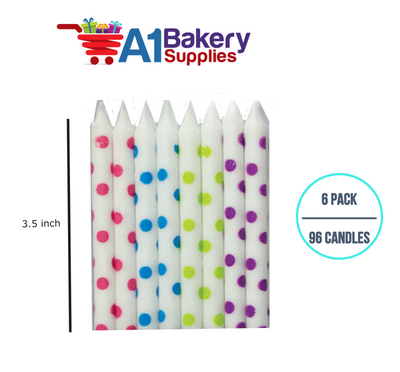 A1BakerySupplies White Dots Asst. Candles 6 pack for Birthday Cake Decorations and Anniversary