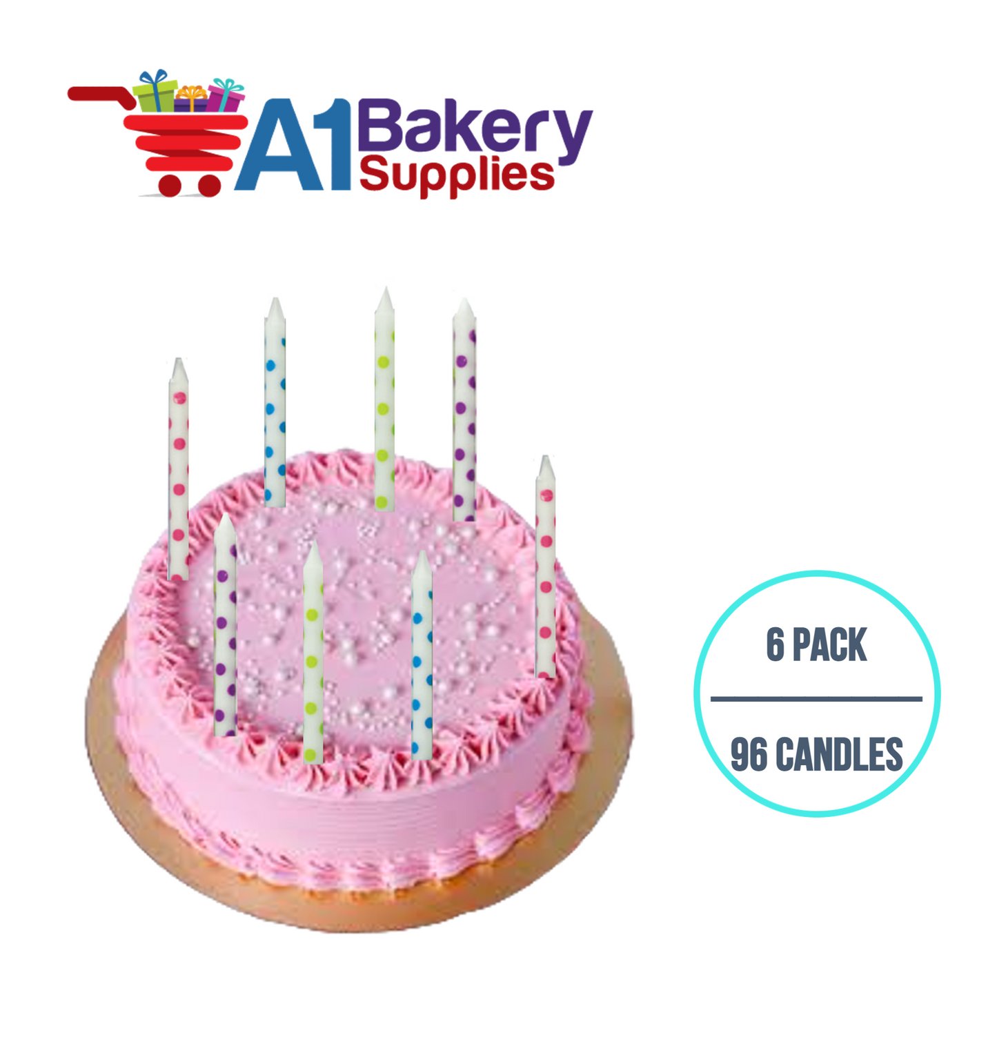 A1BakerySupplies White Dots Asst. Candles 6 pack for Birthday Cake Decorations and Anniversary