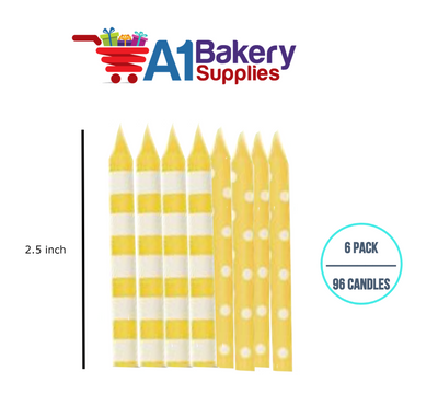 A1BakerySupplies Yellow Stripes And Dots Candles 6 pack for Birthday Cake Decorations and Anniversary