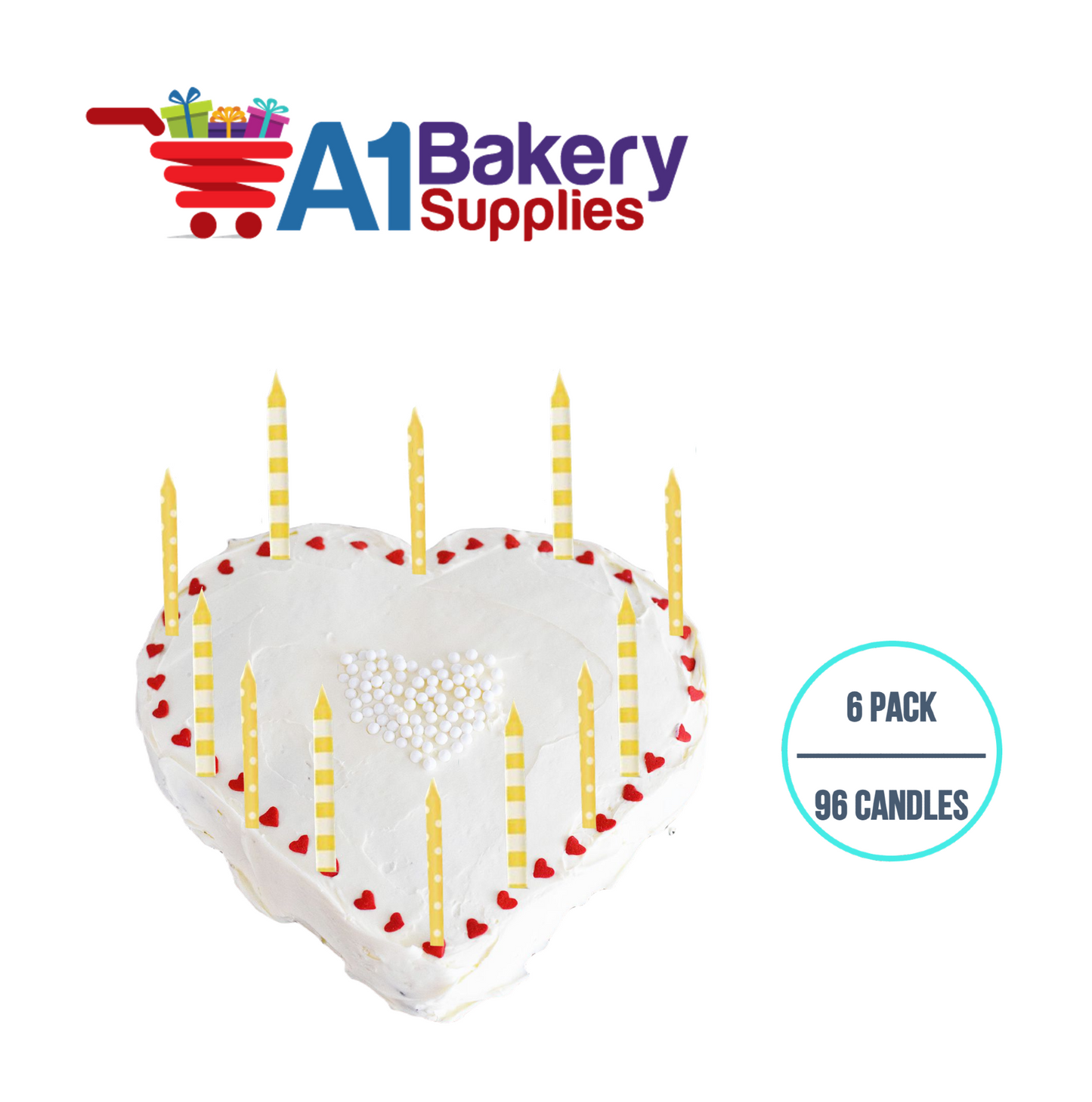 A1BakerySupplies Yellow Stripes And Dots Candles 6 pack for Birthday Cake Decorations and Anniversary
