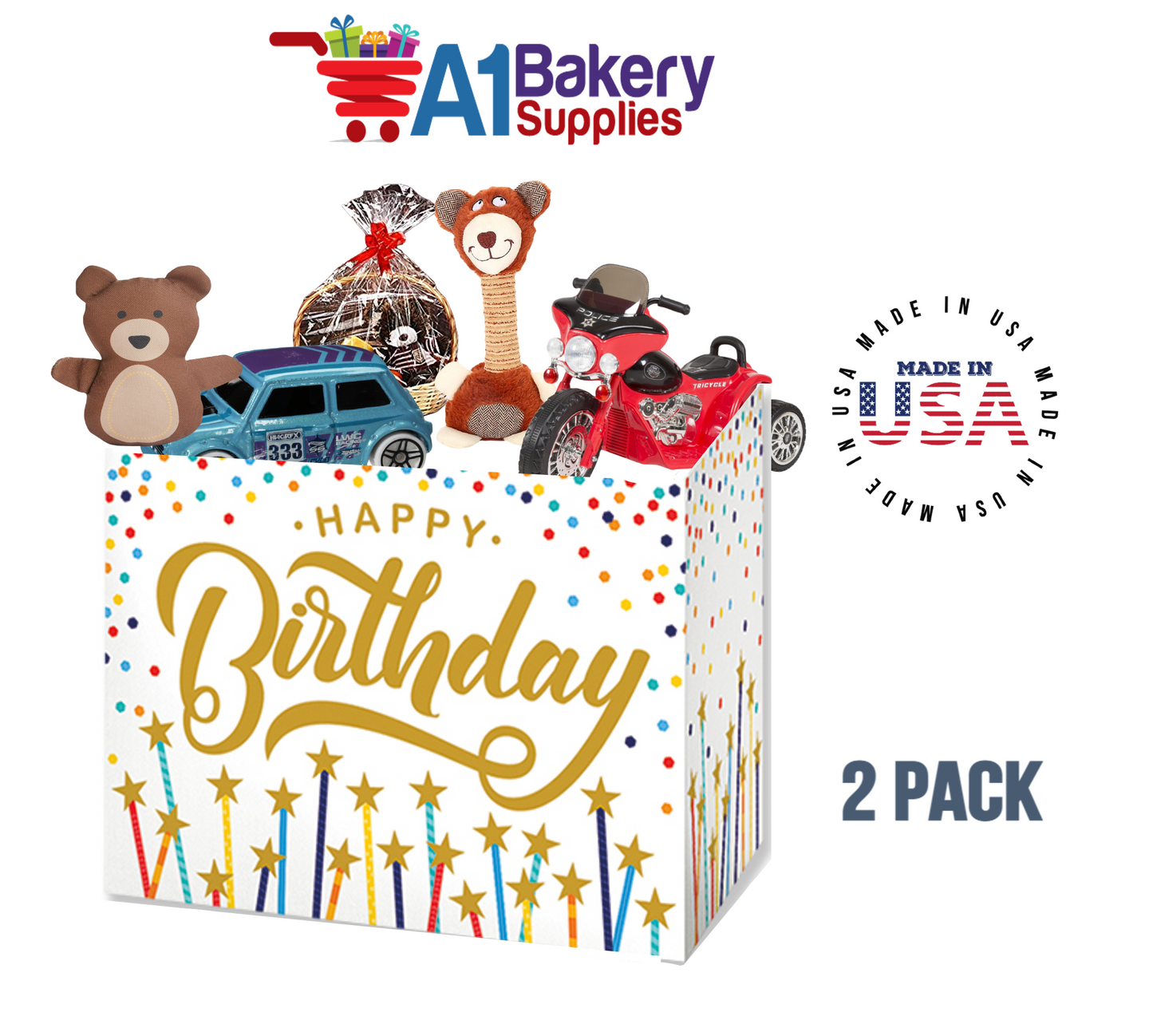 Happy Birthday Stars Basket Box, Theme Gift Box, Large 10.25 (Length) x 6 (Width) x 7.5 (Height), 2 Pack