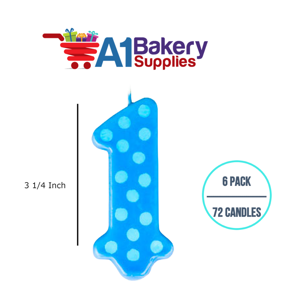A1BakerySupplies 1st Birthday Polka Dot Candles - Blue Candles 6 pack for Birthday Cake Decorations and Anniversary