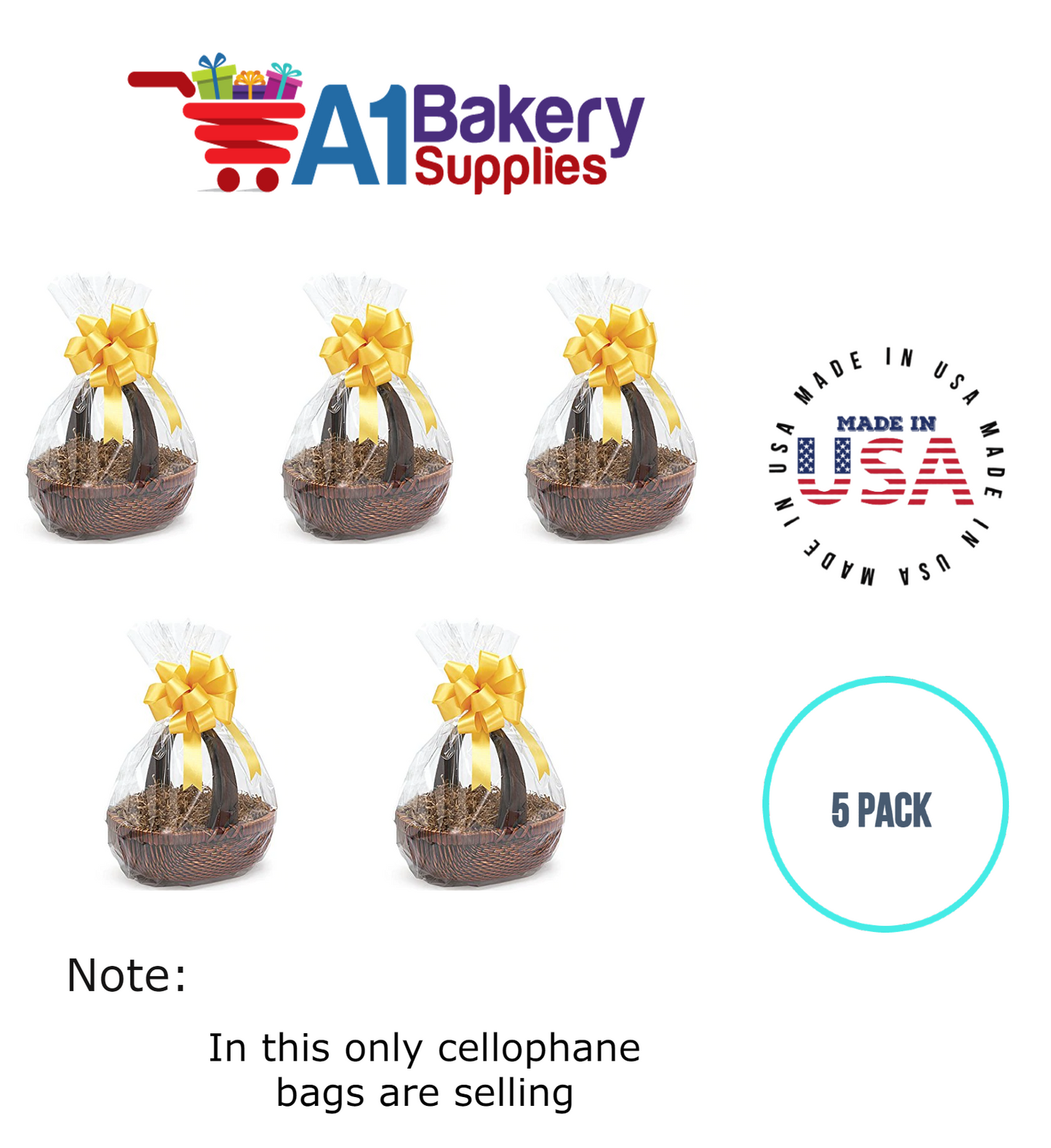 Round Bottom Basket Size 1.2 MIL BOPP Sealable Cellophane Gift Bags Bags for Gift Packing 18 x 24 Inch, 5 Pack