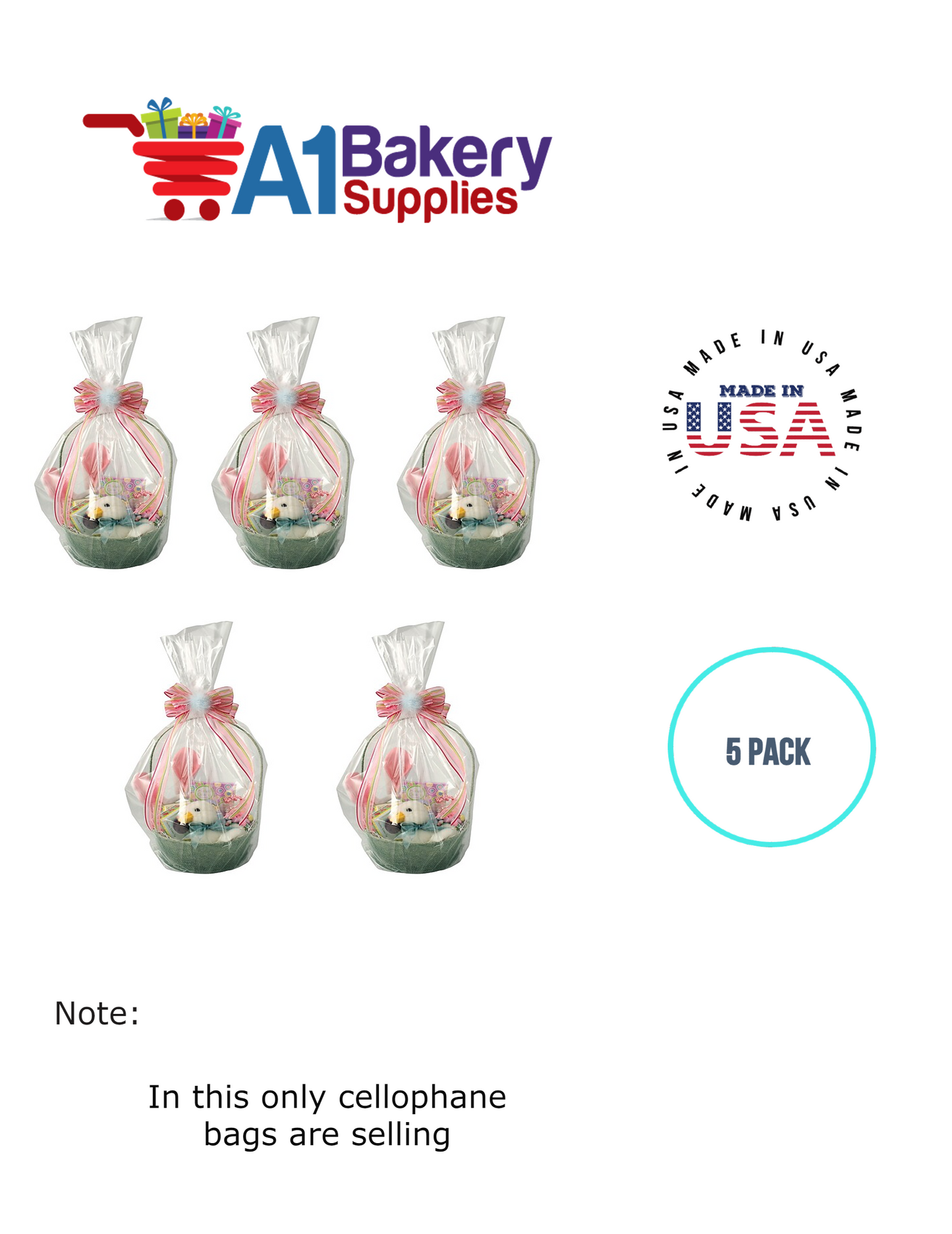 Round Bottom Basket Size 1.2 MIL BOPP Sealable Cellophane Gift Bags Bags for Gift Packing 14 x 24 Inch, 5 Pack