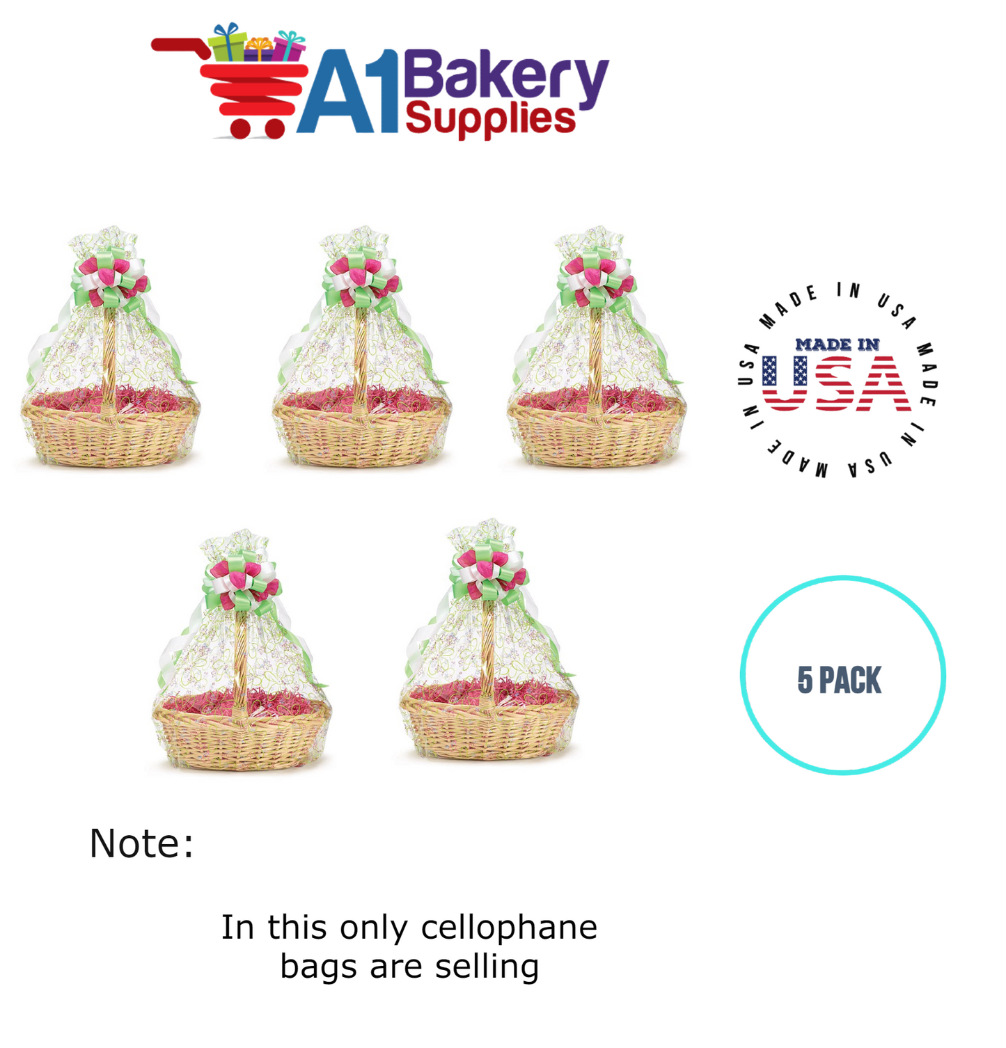 Round Bottom Basket Size 1.2 MIL BOPP Sealable Cellophane Gift Bags Bags for Gift Packing 27 x 35 Inch, 5 Pack