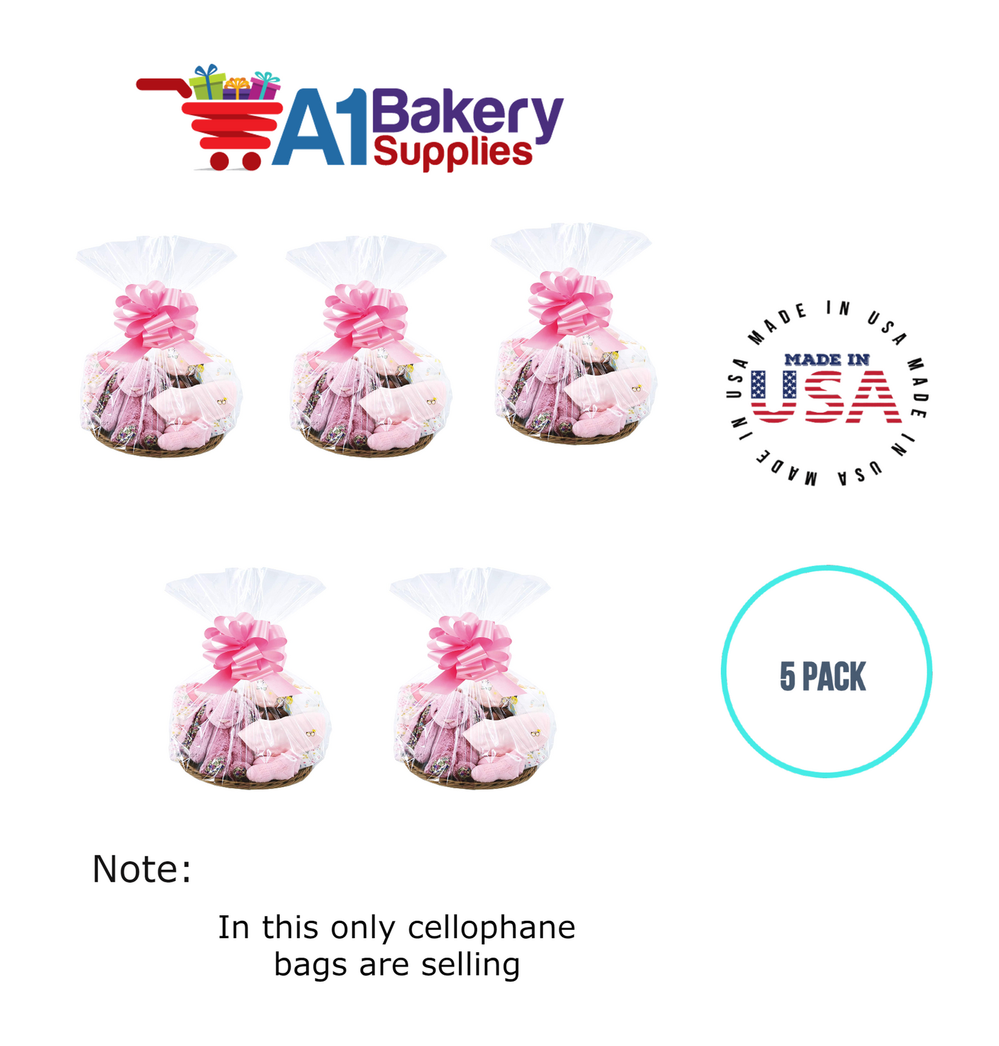 Round Bottom Basket Size 1.2 MIL BOPP Sealable Cellophane Gift Bags Bags for Gift Packing 18 x 24 Inch, 5 Pack