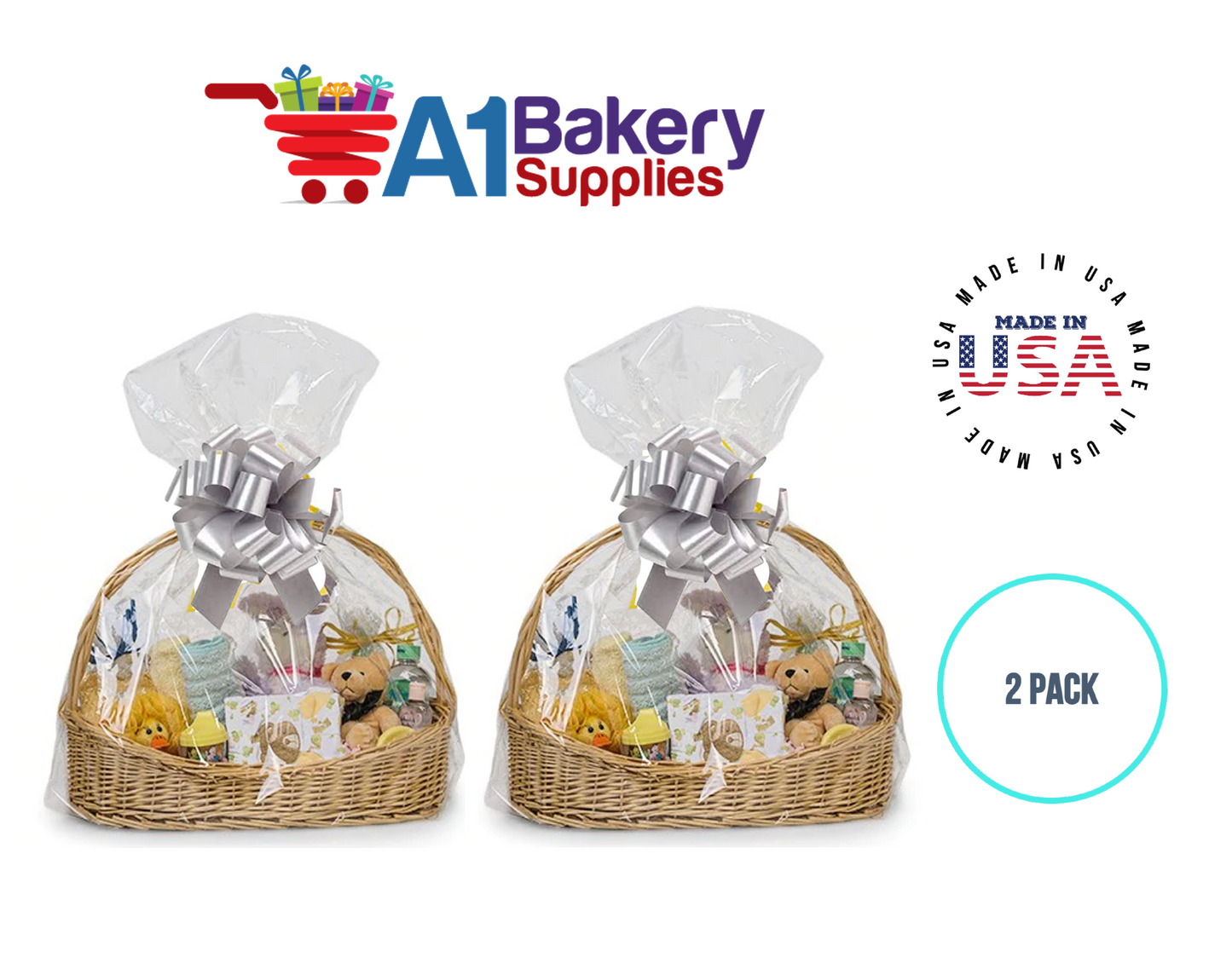 BOPP Sealable Cellophane Bags and Clear Gift Basket Wrap Packaging, 24 in x 30 in, Clear Cello Wrapping for Baby Shower, Wedding Party, or Event Giveaways, 2 Pack